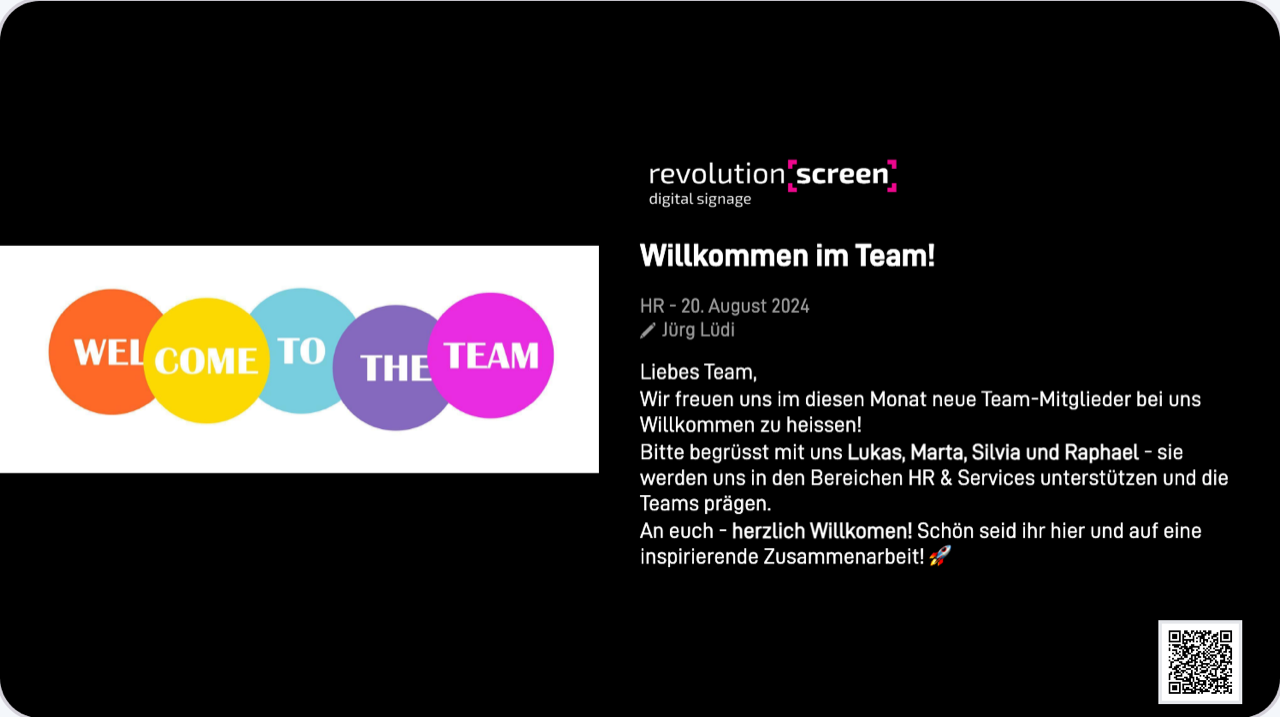 „Willkommen im Team!" – Begrüssung neuer Mitarbeitender (Bild links, Text rechts).