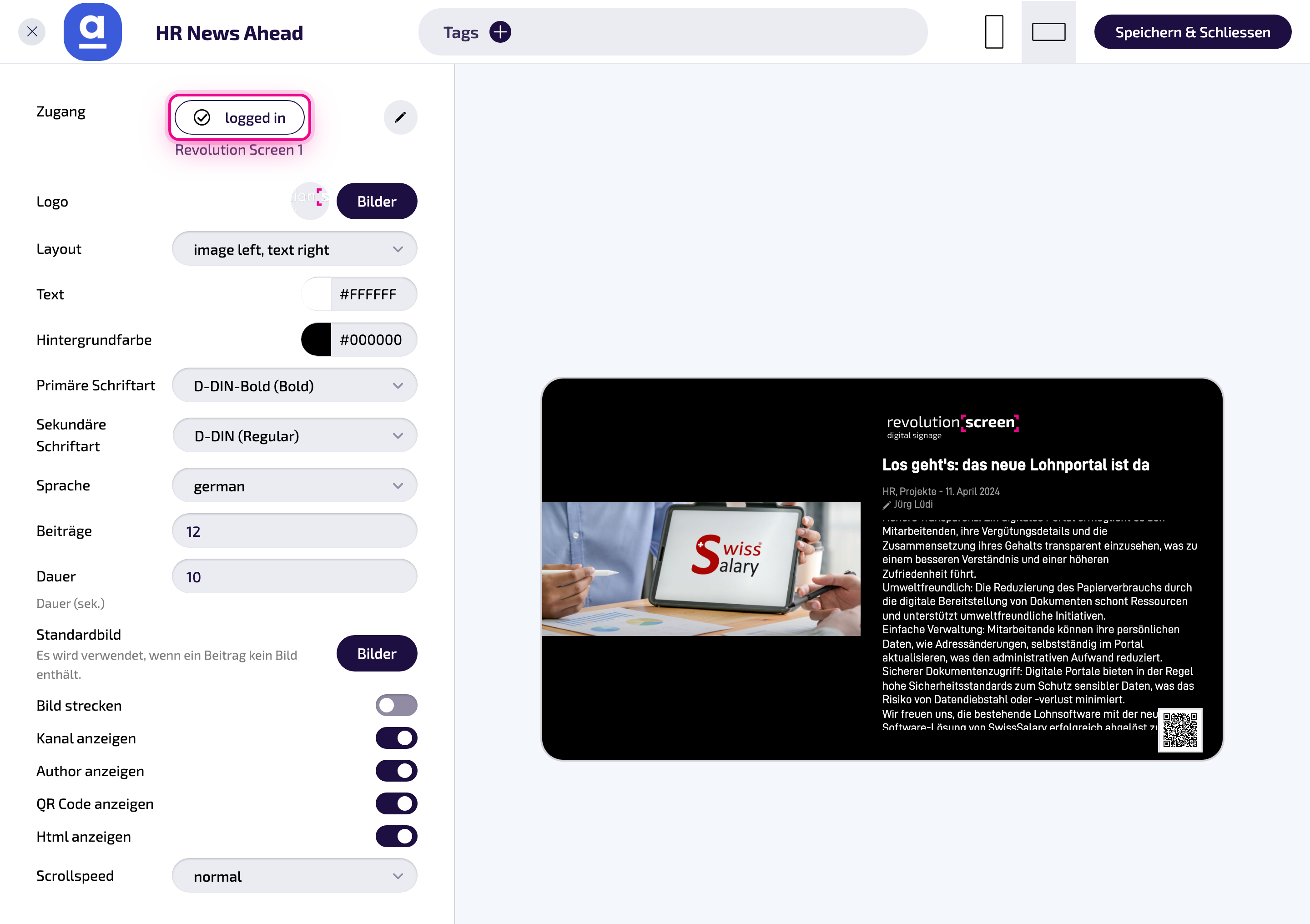 Konfigurierte Instanz „HR News Ahead": links die Einstellungen, rechts die Live-Vorschau mit echten ahead-News.