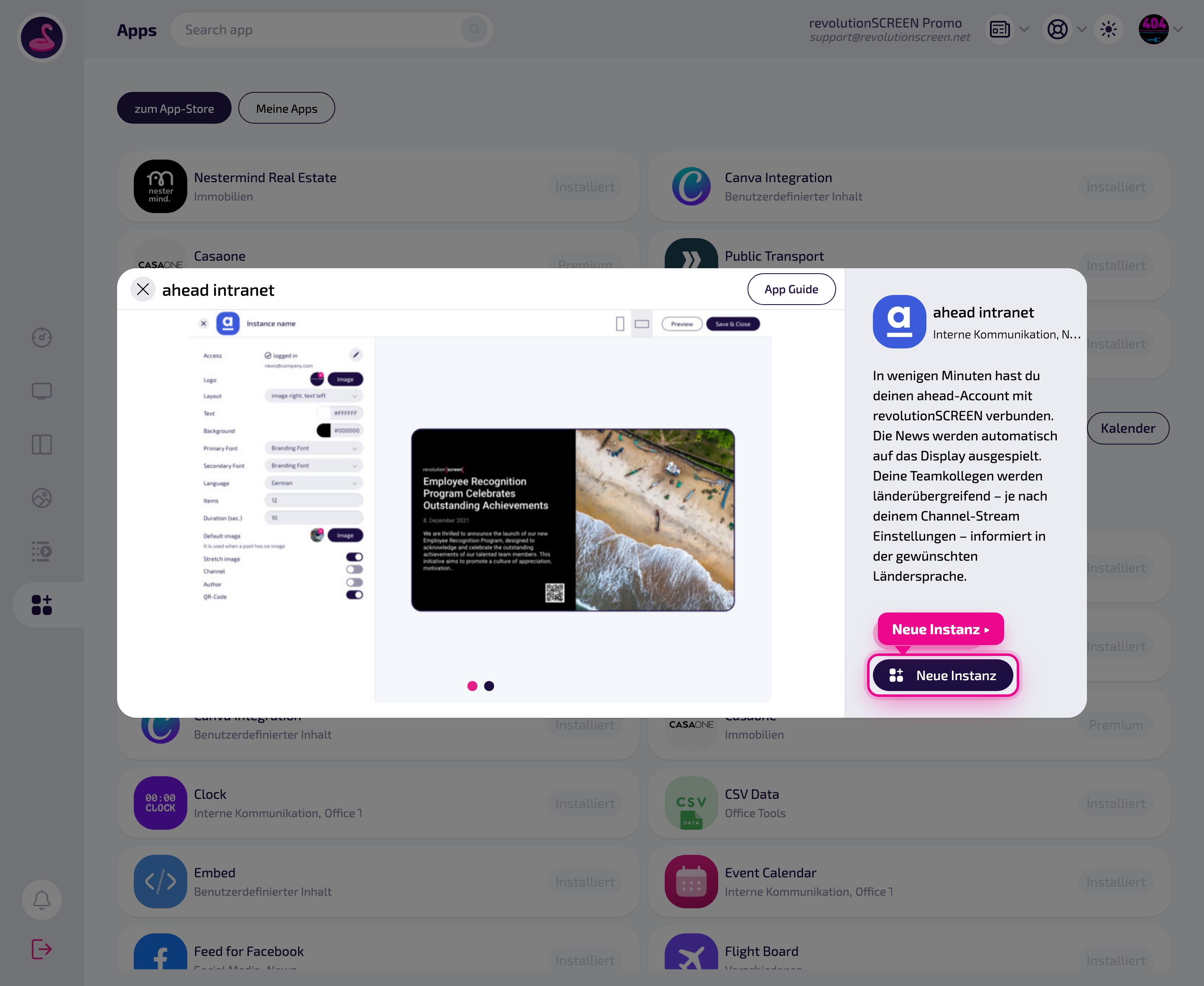 Detailseite der App – mit „Neue Instanz" eine Ausspielung anlegen.