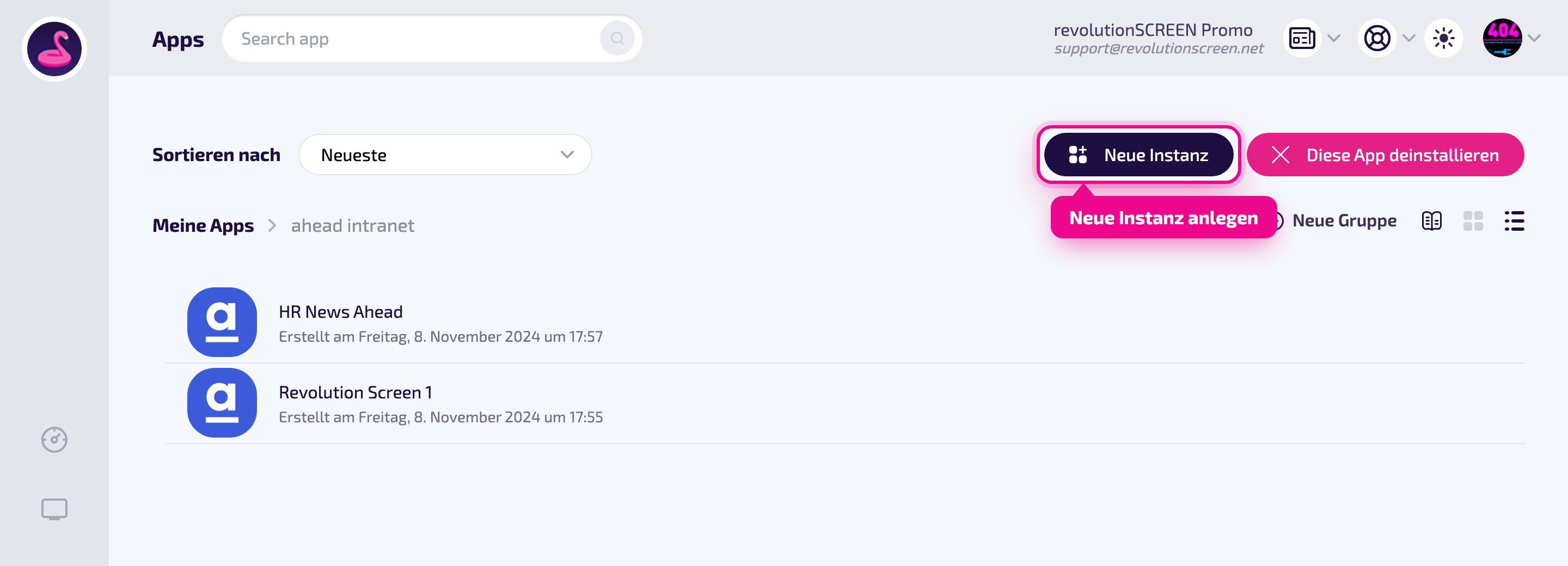 Instanz-Verwaltung: oben rechts „Neue Instanz" anlegen.