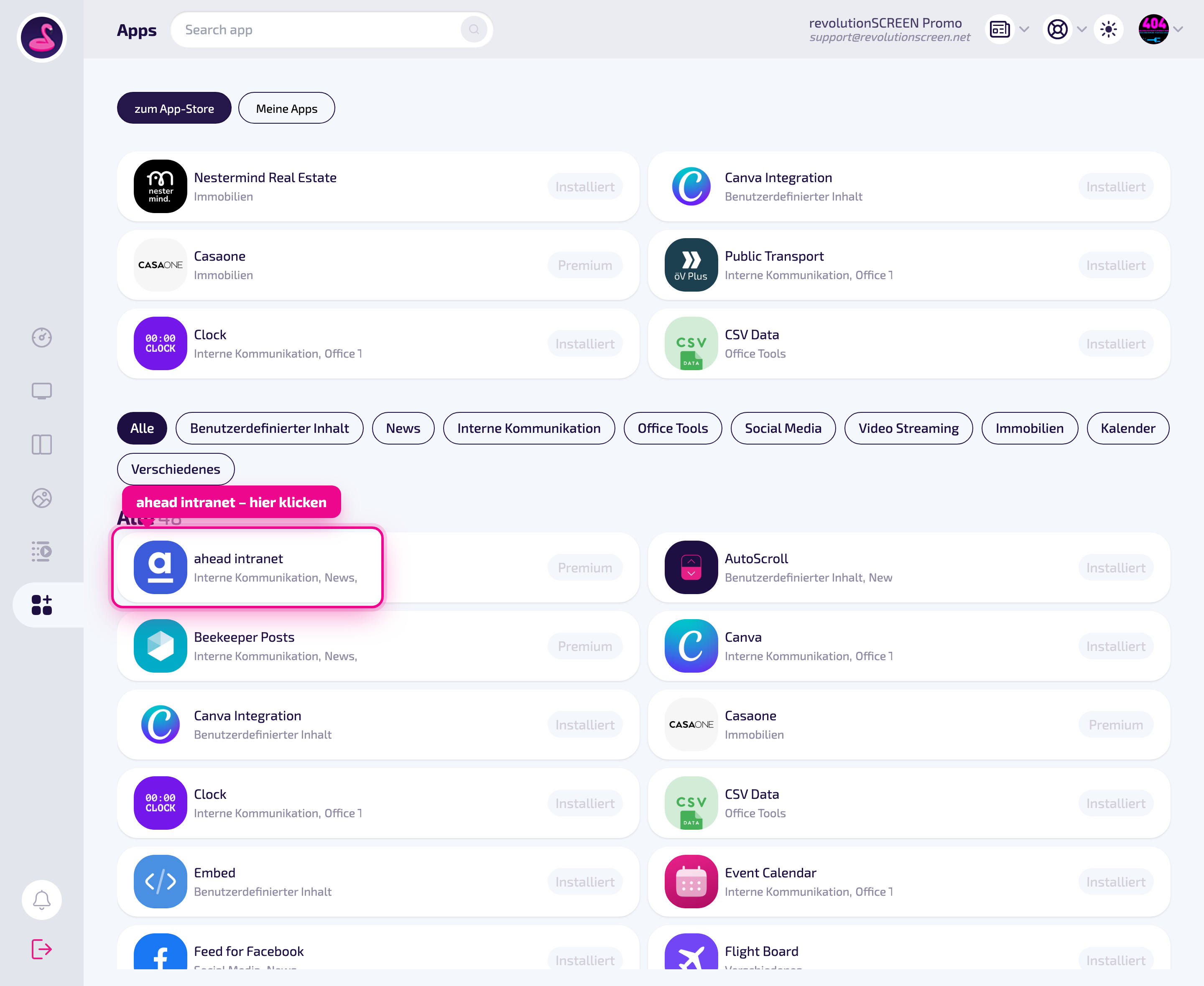 App Store: die Kachel „ahead intranet" in der App-Liste anklicken.