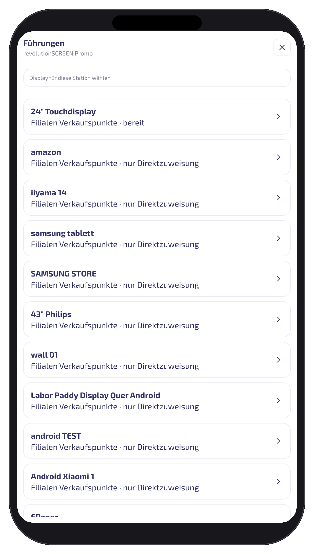 Displayauswahl mit Kennzeichnung „bereit" bzw. „nur Direktzuweisung"