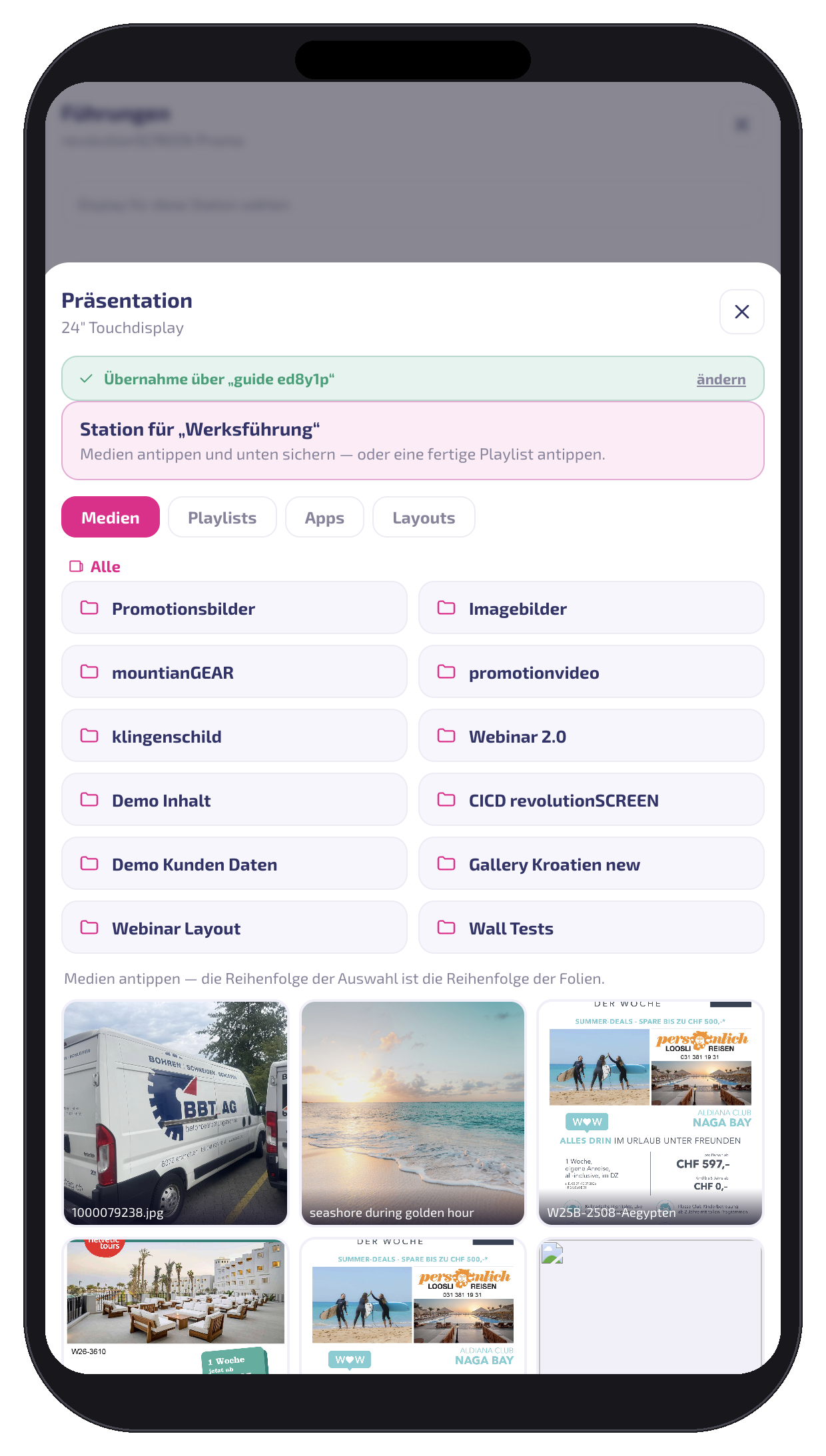 Inhalt der Station wählen: Medien, Playlists, Apps oder Layouts