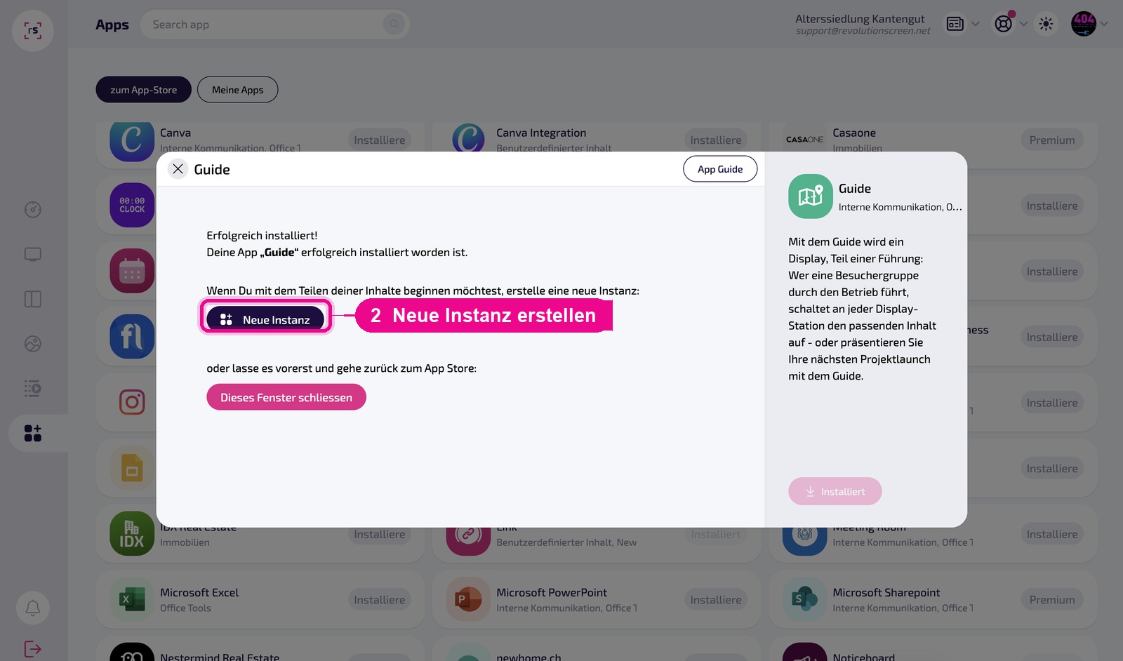 Nach der Installation: „Neue Instanz" anlegen