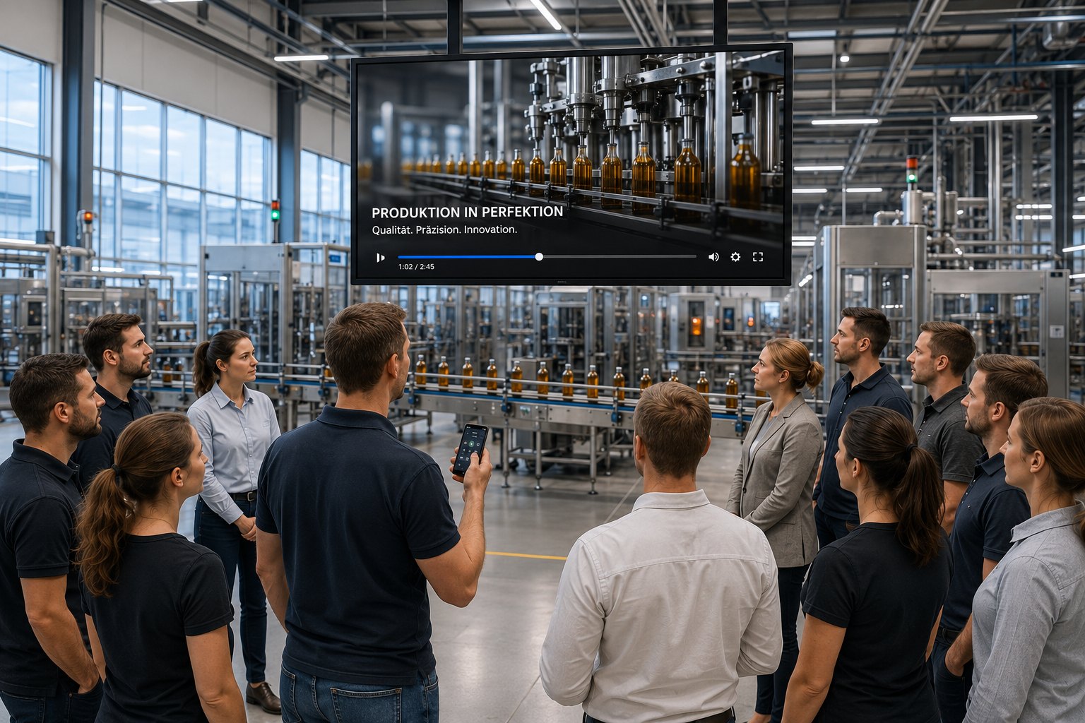 Werksführung: Das Display zeigt, wovon der Guide gerade spricht.