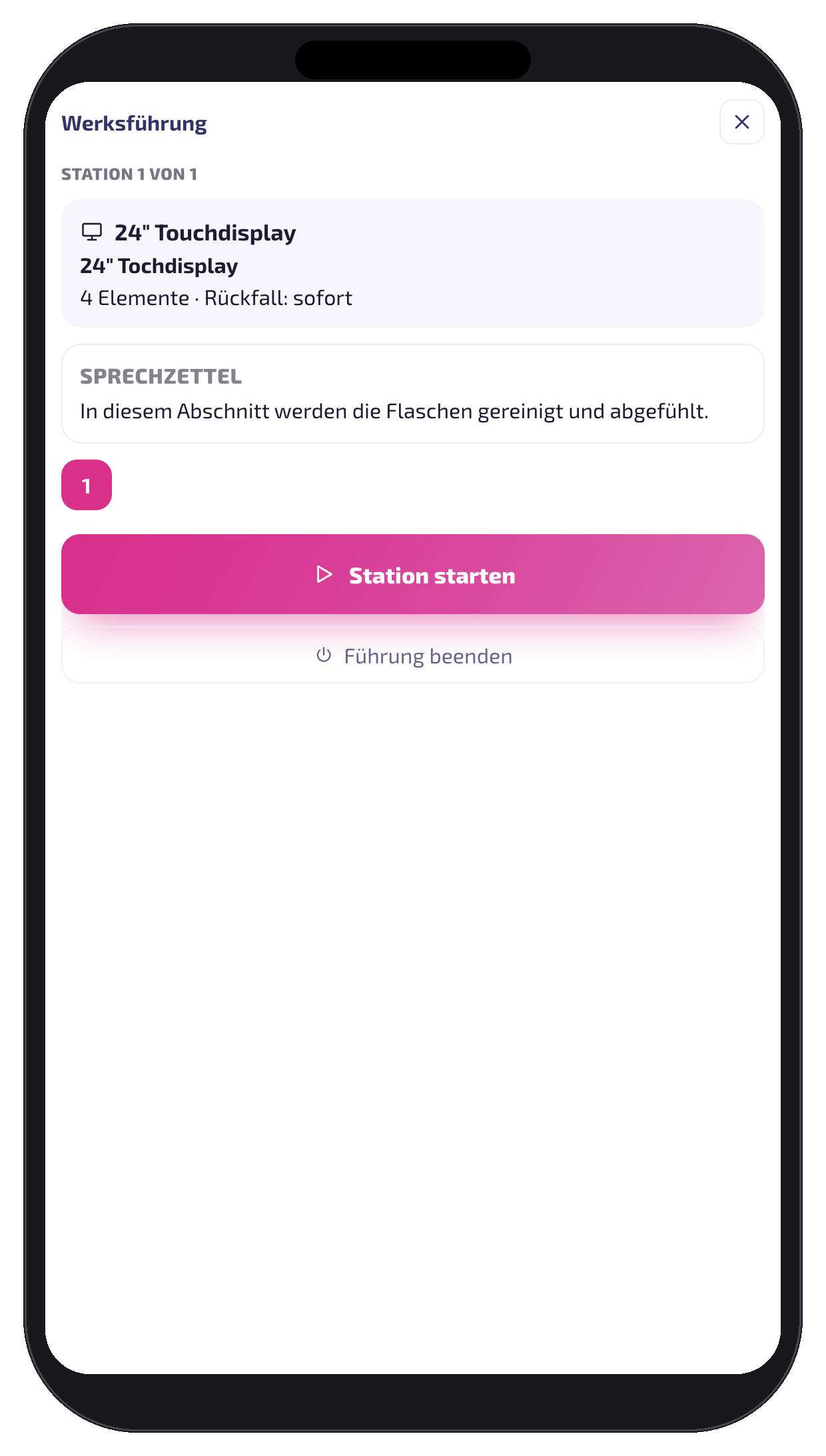 Station vor dem Start: Display, Sprechzettel und Rückfallzeit