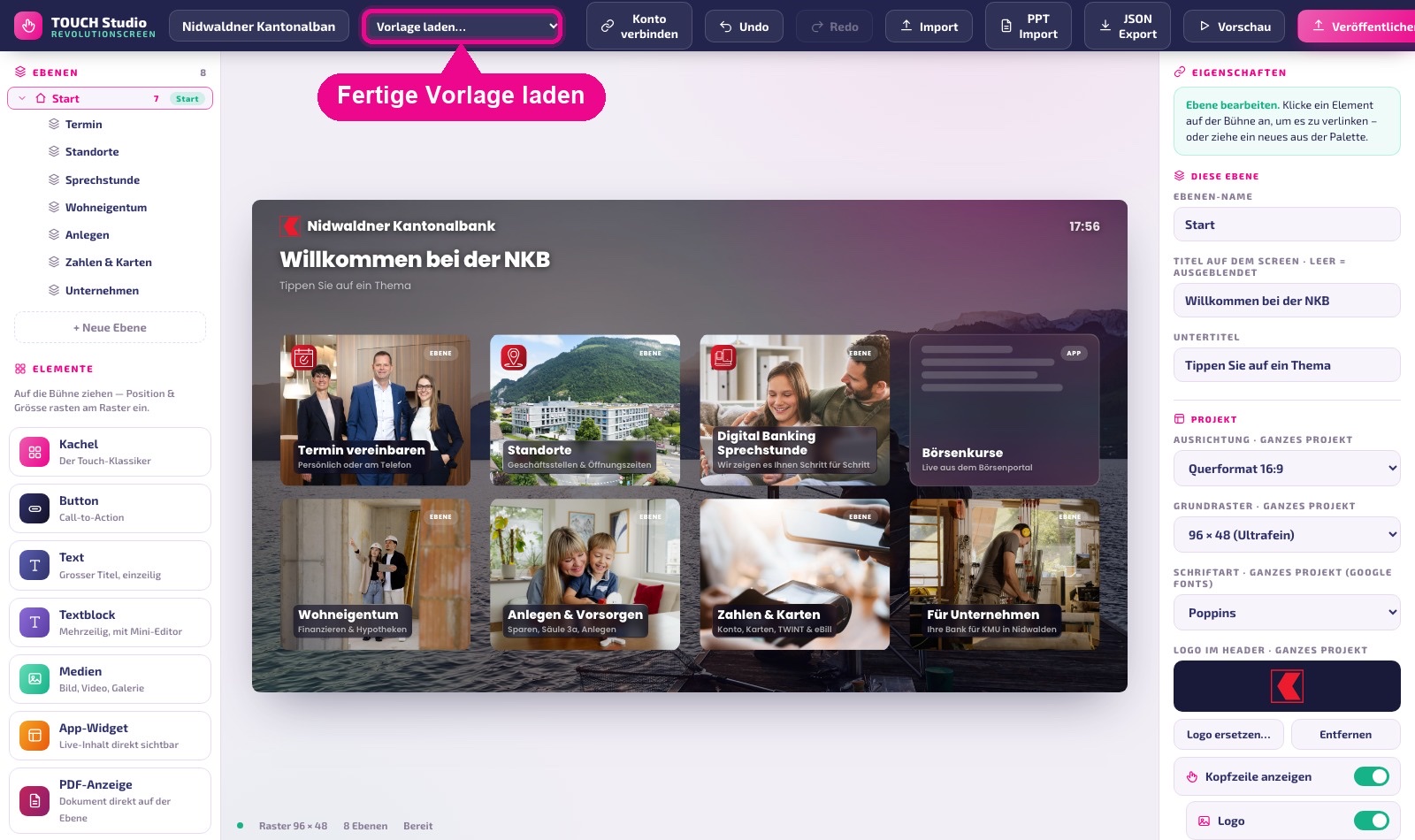 Même plus tard, il est possible de reprendre un autre concept via « Vorlage laden… » (charger un modèle).