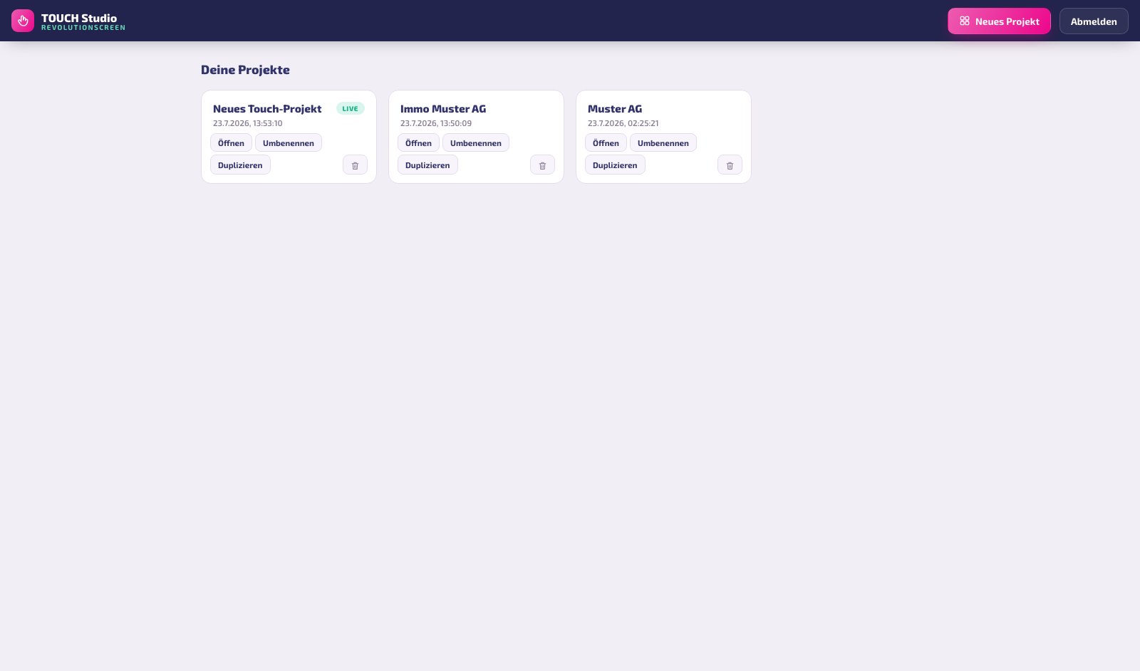 Die Projektübersicht nach dem Login: mehrere Projekte, „Neues Projekt“, LIVE-Kennzeichnung.