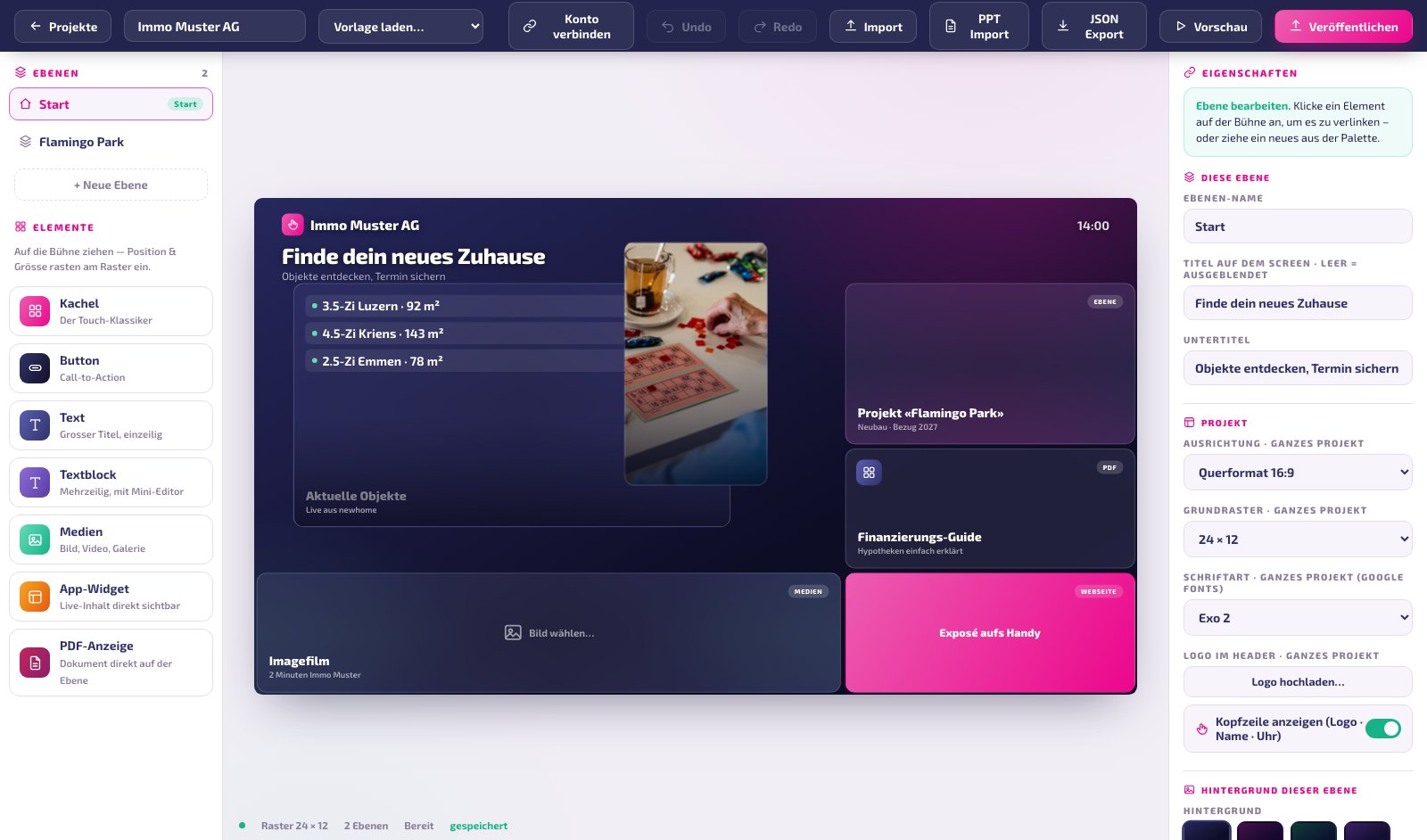 Das Touch-Dashboard: links die Bausteine, in der Mitte die Bühne, rechts die Eigenschaften.