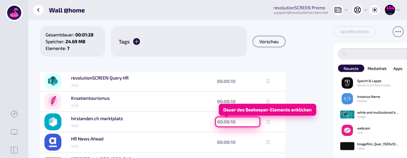 In der Playlist „Wall @home" auf die Dauer des Beekeeper-Elements klicken.