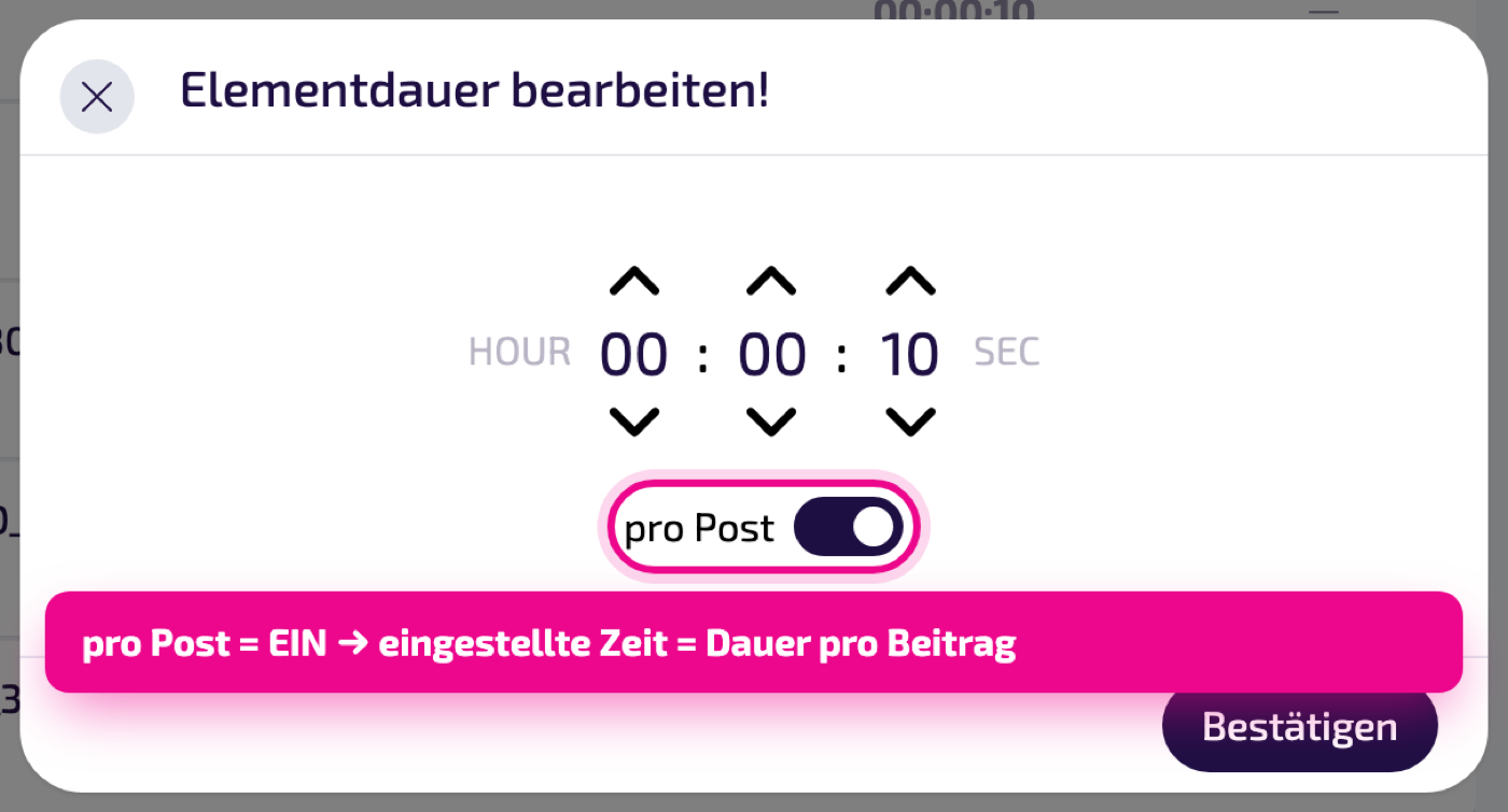 pro Post = EIN: die Zeit gilt pro Beitrag – alle Beiträge werden gezeigt.
