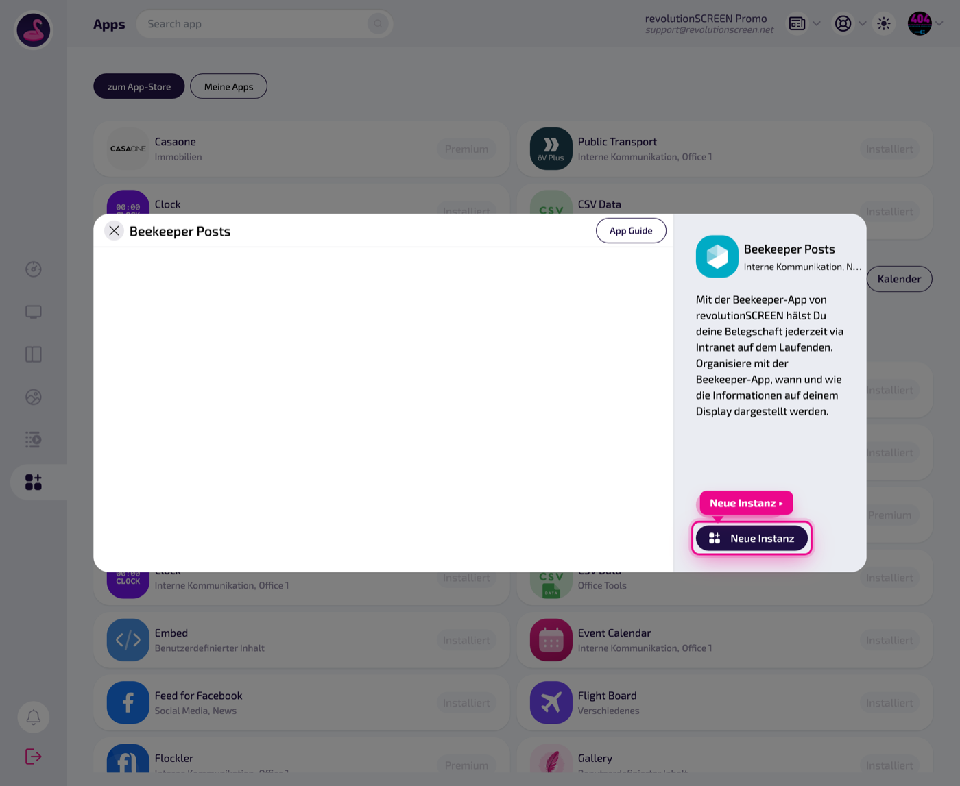 Detailseite der App – mit „Neue Instanz" eine Ausspielung anlegen.