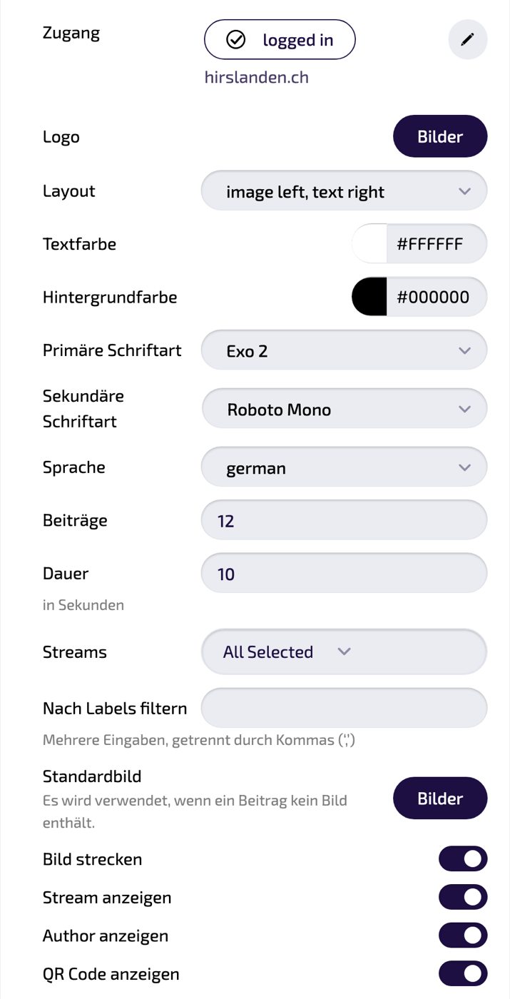 Alle Einstellungen der Instanz im Überblick (Einstellungs-Panel).