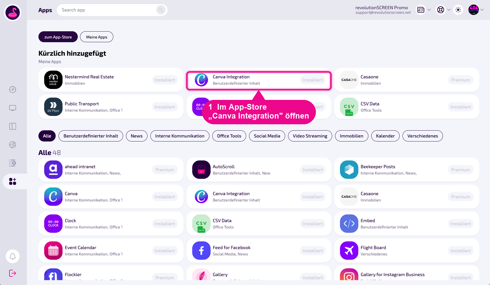 App-Store: die Kachel „Canva Integration“ öffnen.