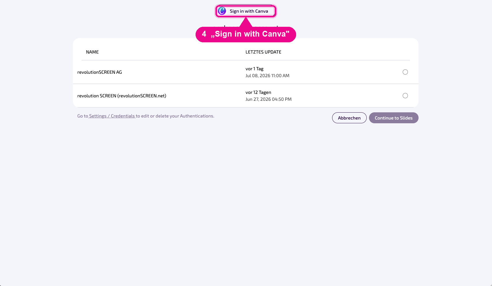 „Sign in with Canva“ wählen, um das Canva-Konto zu verbinden.