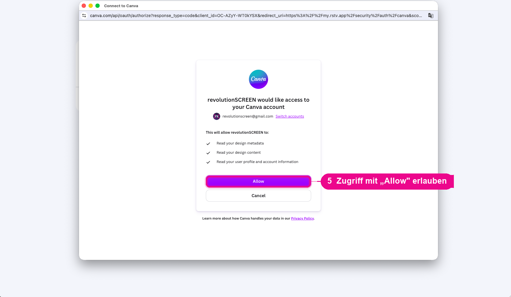 Canva-Freigabe: mit „Allow“ den Zugriff erlauben.