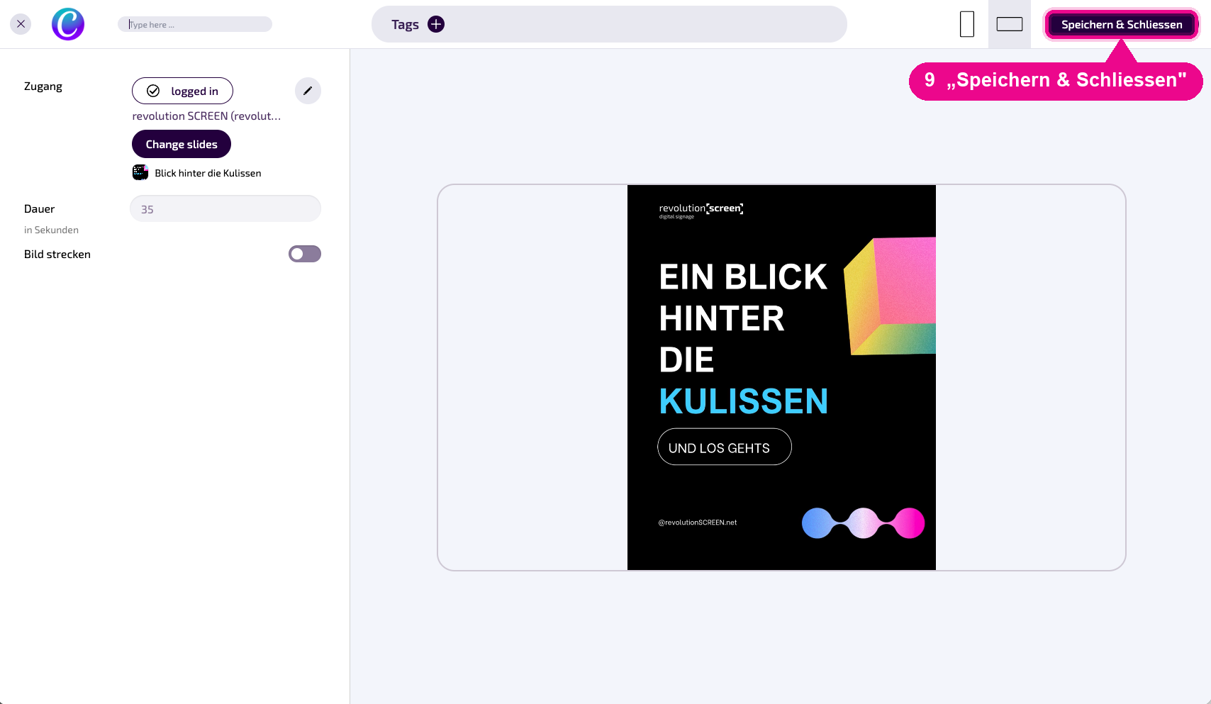 Verbundene Instanz – dann oben rechts „Speichern & Schliessen“.