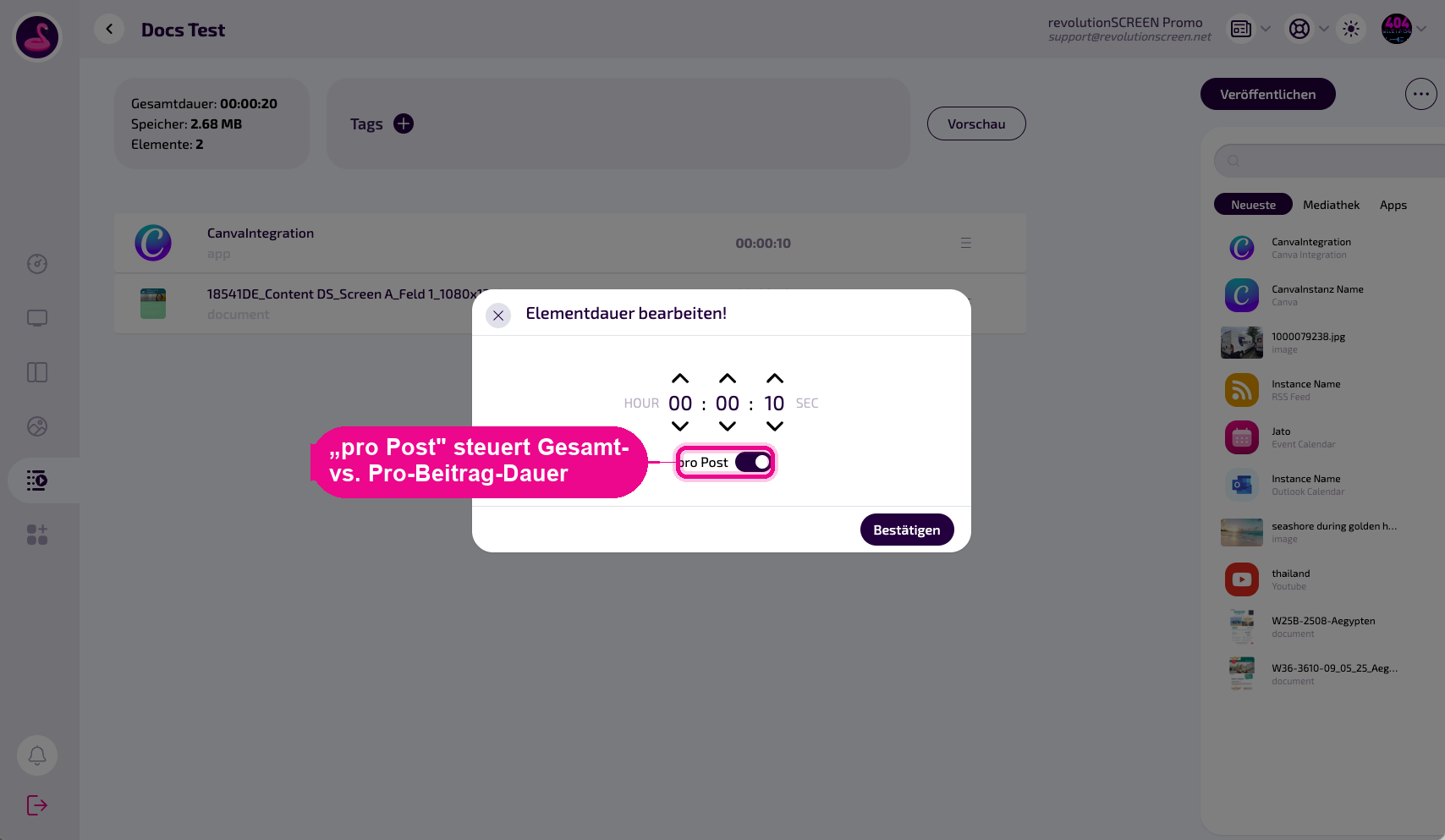 Der Dialog „Elementdauer bearbeiten“ mit dem Schalter „pro Post“.