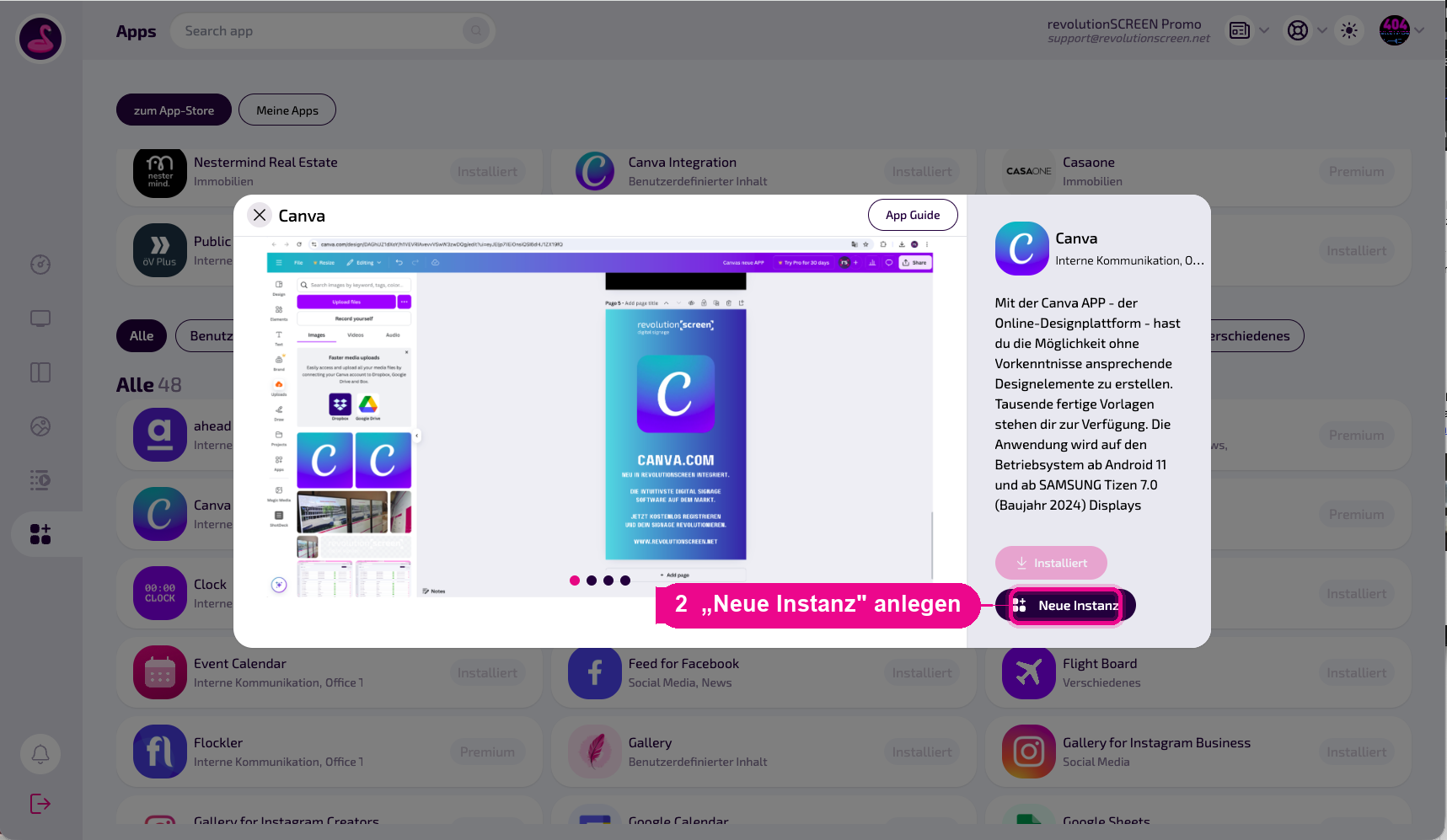 Detailseite der App – mit „Neue Instanz“ eine Ausspielung anlegen.