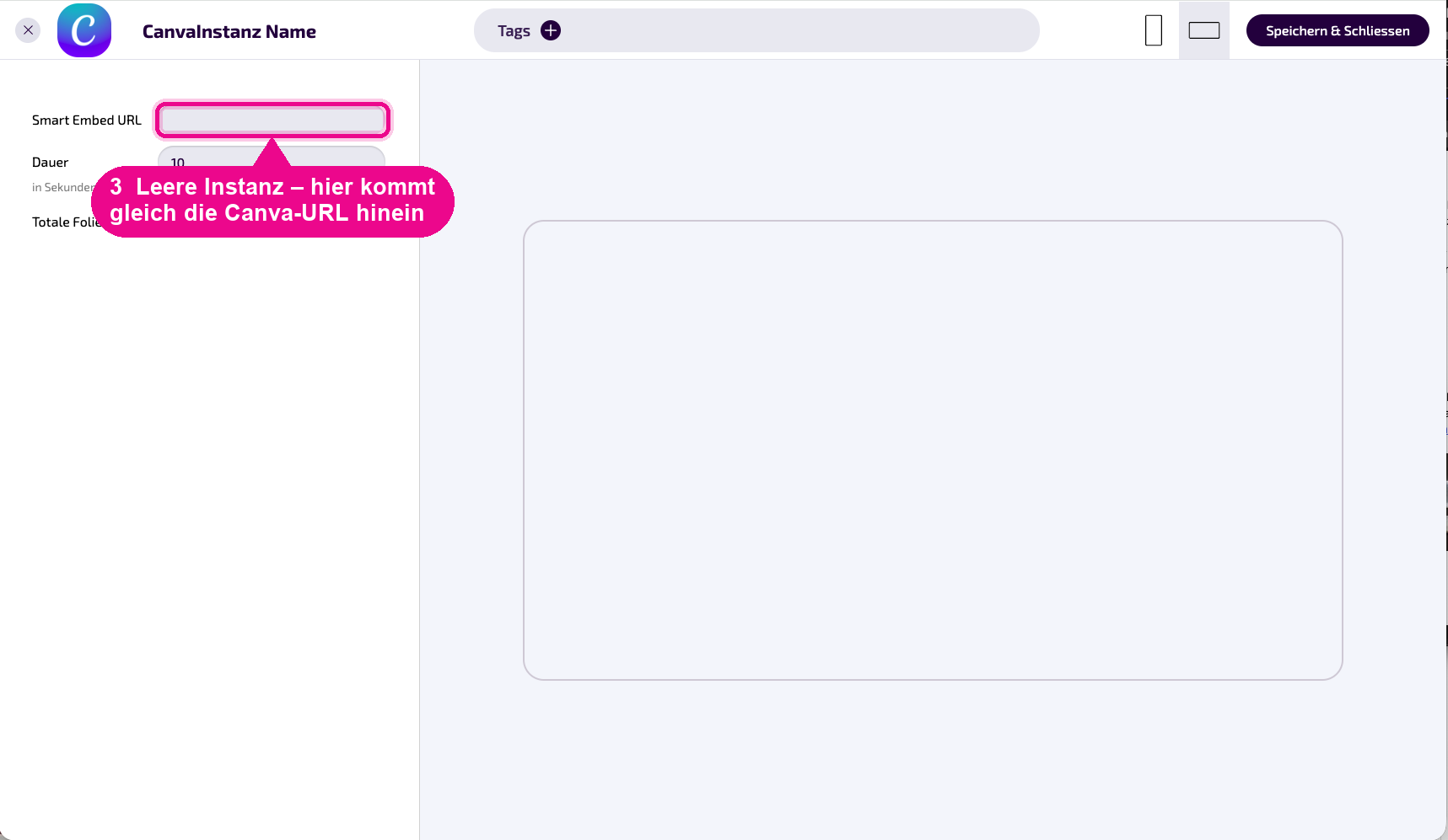 Neue, leere Instanz – das Feld „Smart Embed URL“ wartet auf die Canva-URL.