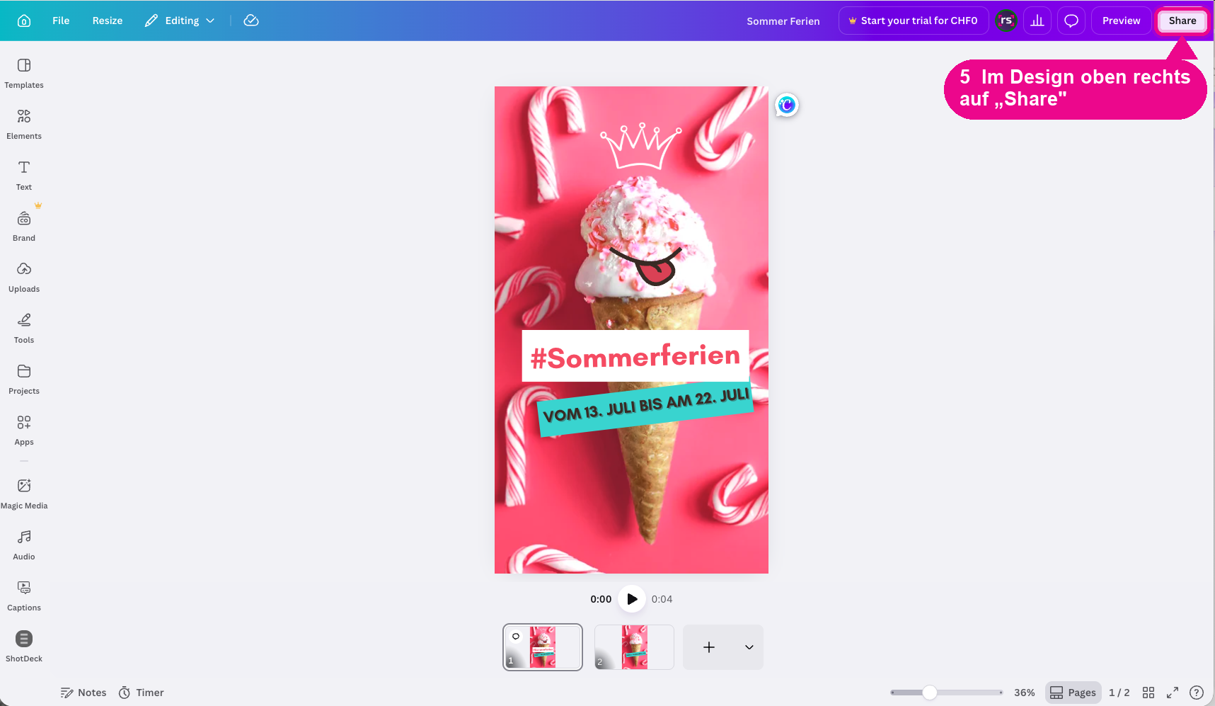 Canva-Editor: oben rechts auf „Share“ klicken.