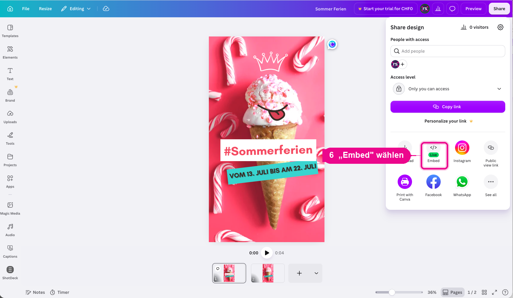 Im „Share“-Menü die Option „Embed“ wählen.