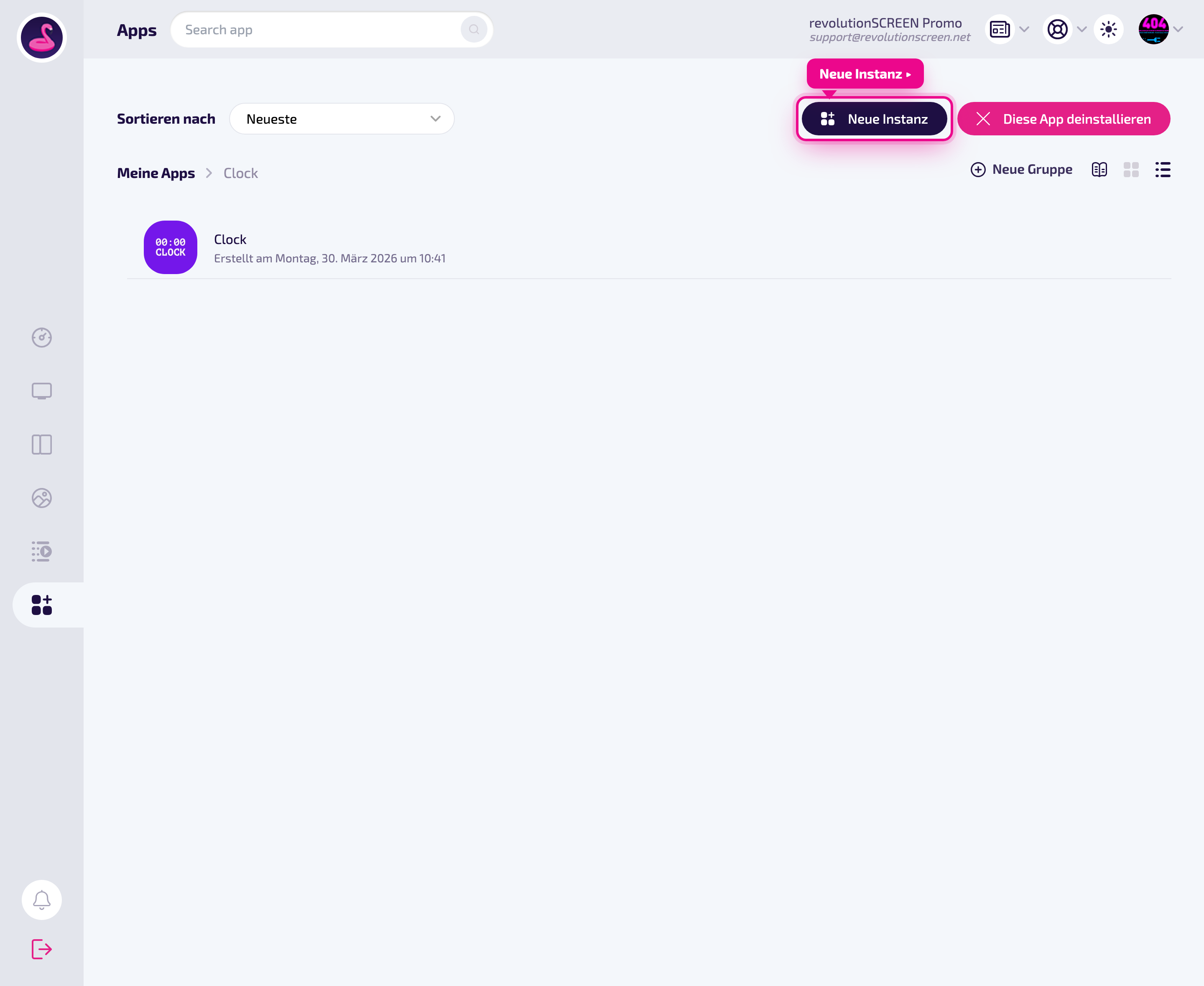 Pagina di dettaglio dell'app – creare una riproduzione con „Neue Instanz".