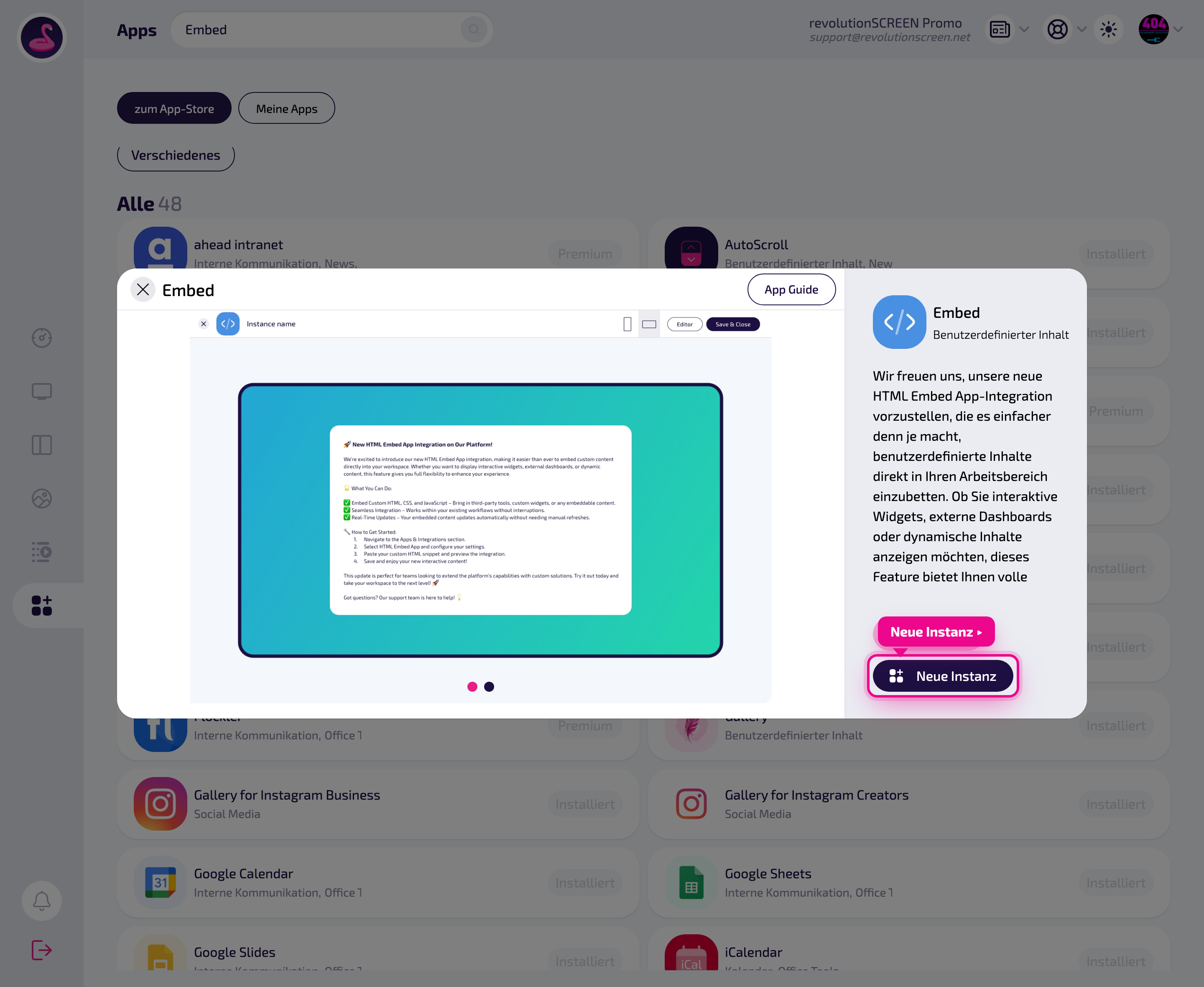 Pagina di dettaglio dell'app – con „Neue Instanz" (nuova istanza) crea una riproduzione.