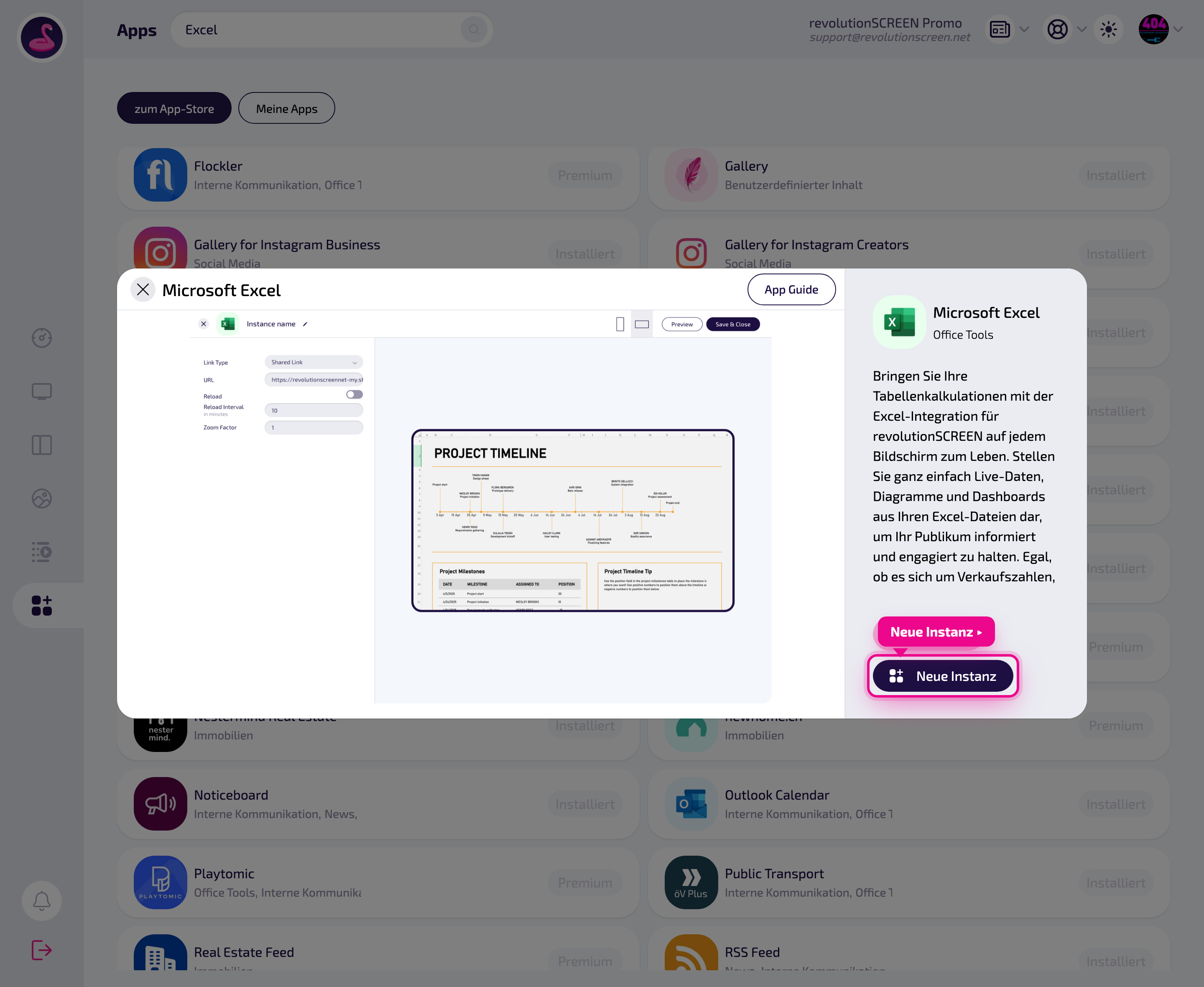 Detailseite der App – mit „Neue Instanz" eine Ausspielung anlegen.