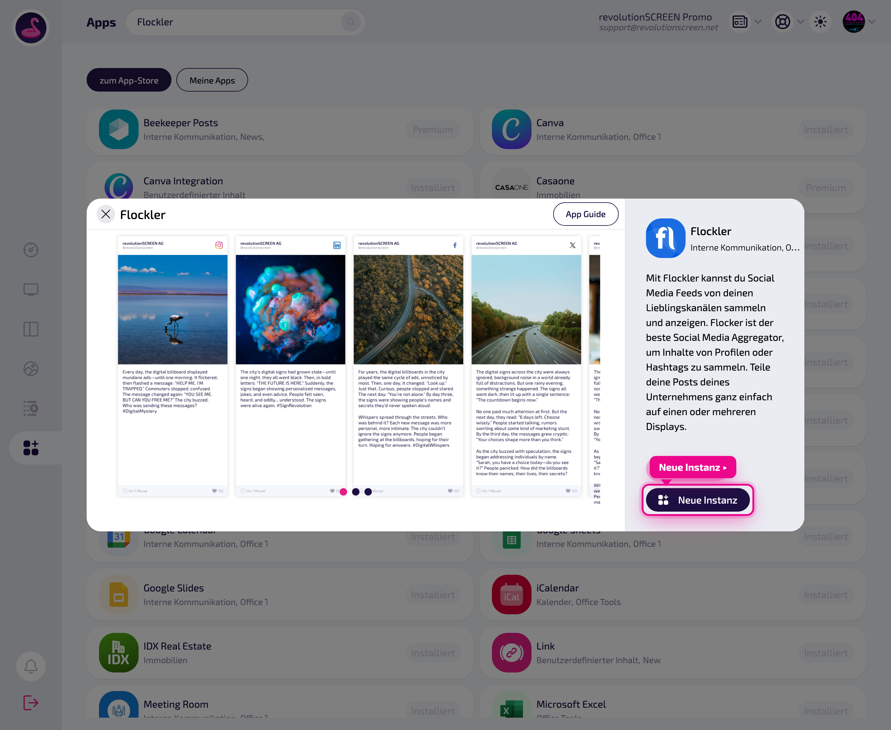 Detailseite der App – mit „Neue Instanz" eine Ausspielung anlegen.
