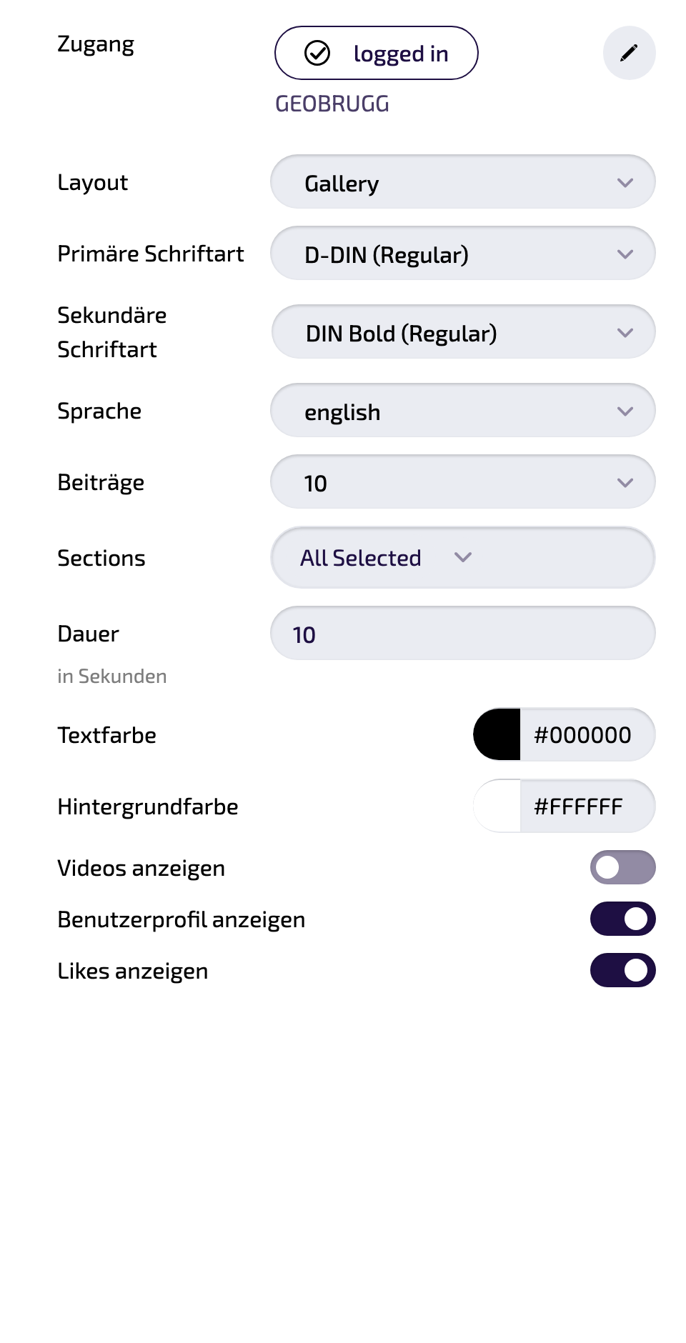 Alle Einstellungen der Instanz im Überblick (Einstellungs-Panel).