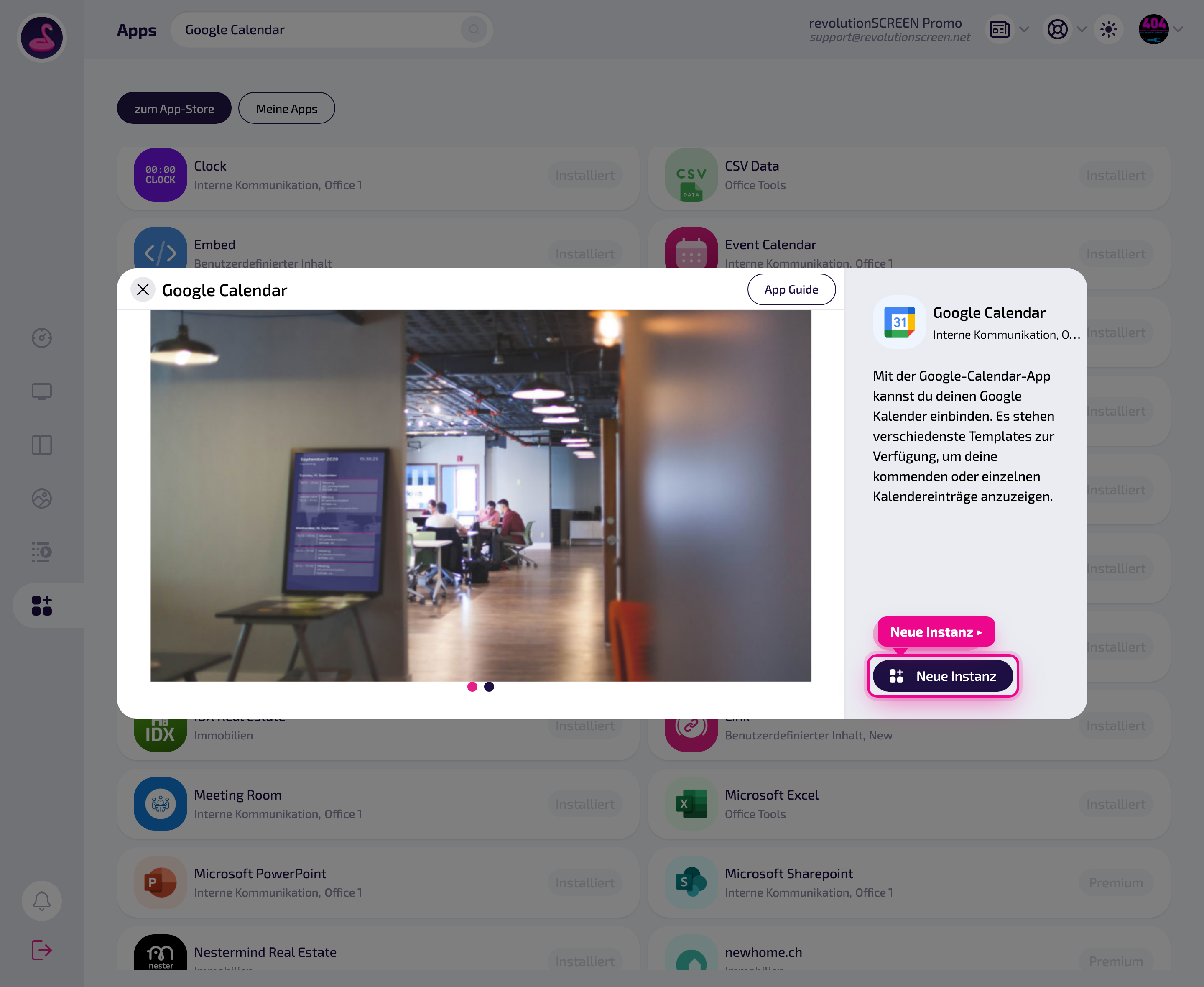 App detail page – create a playback with „Neue Instanz" (New instance).