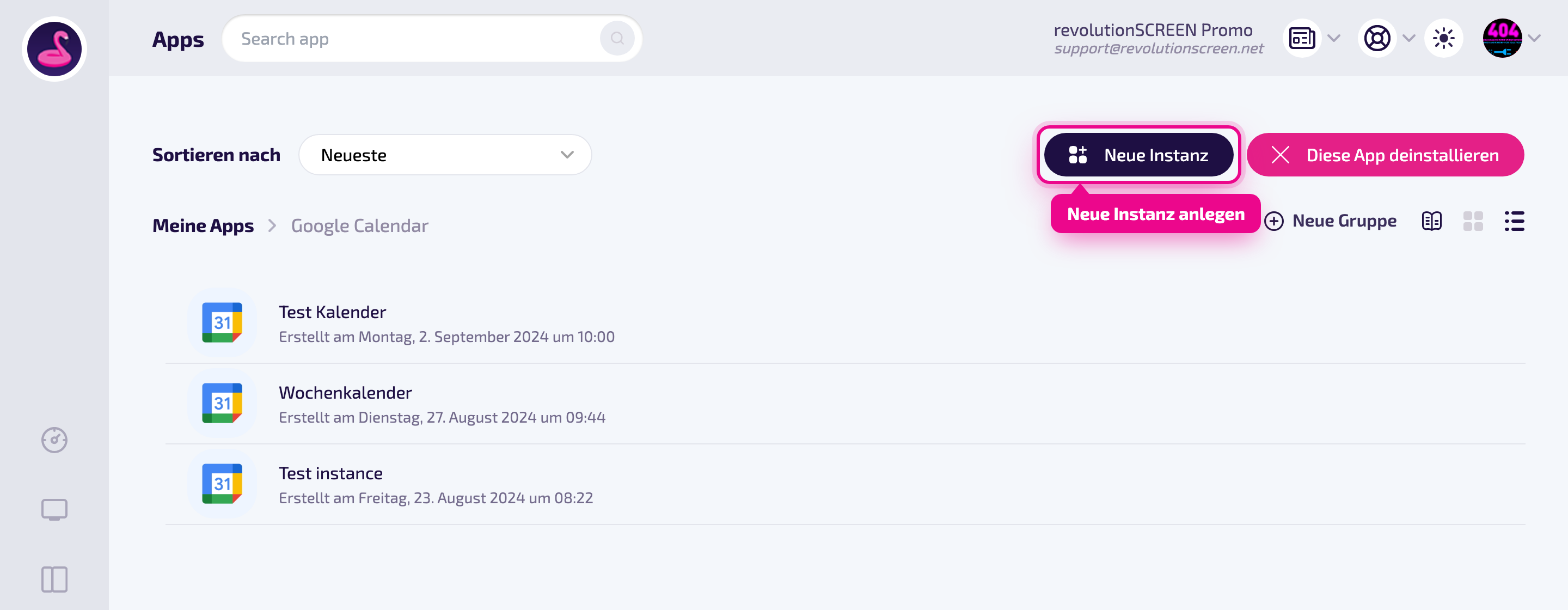 Instance management: create „Neue Instanz" (New instance) in the top right.