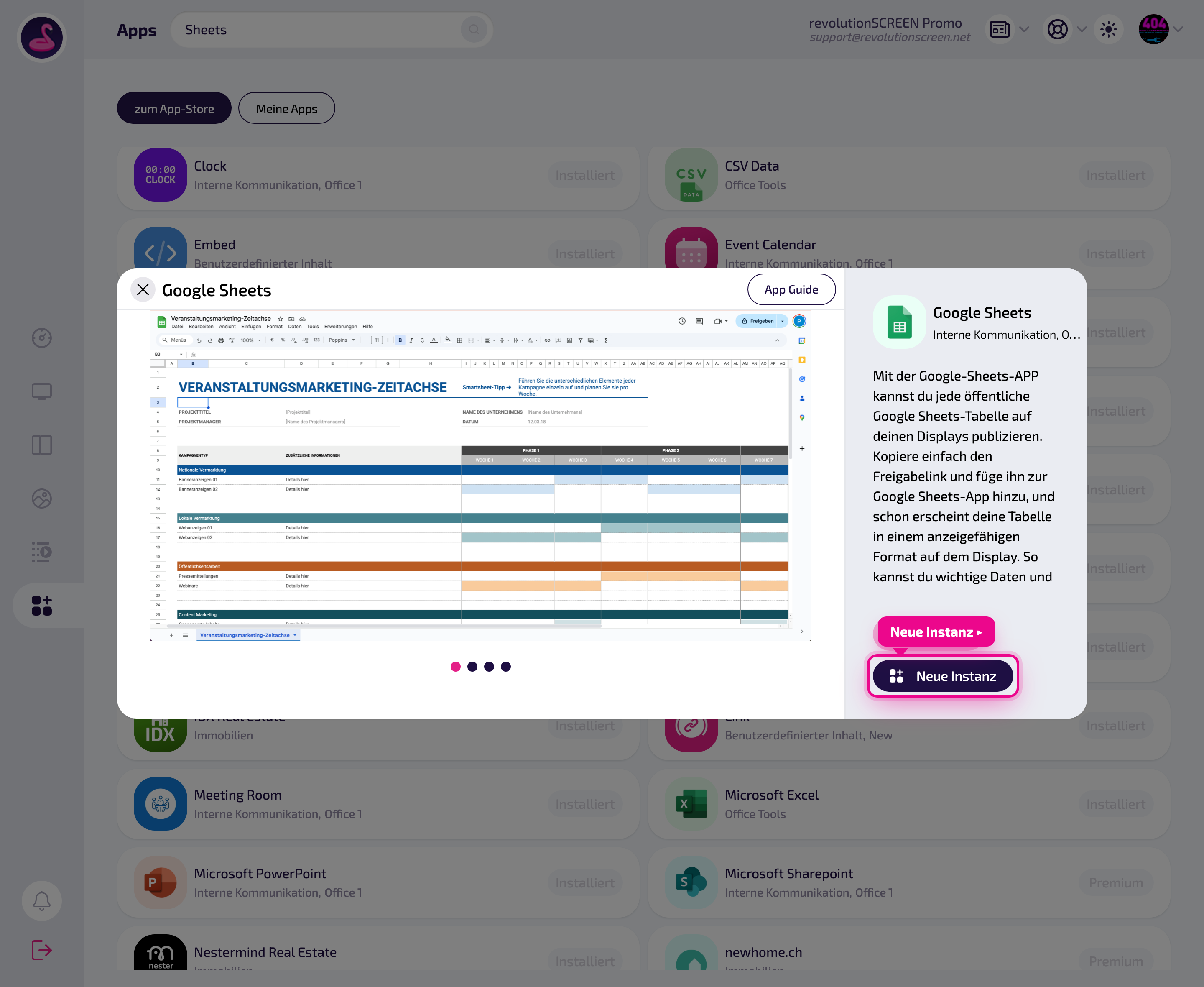 Detailseite der App – mit „Neue Instanz" eine Ausspielung anlegen.