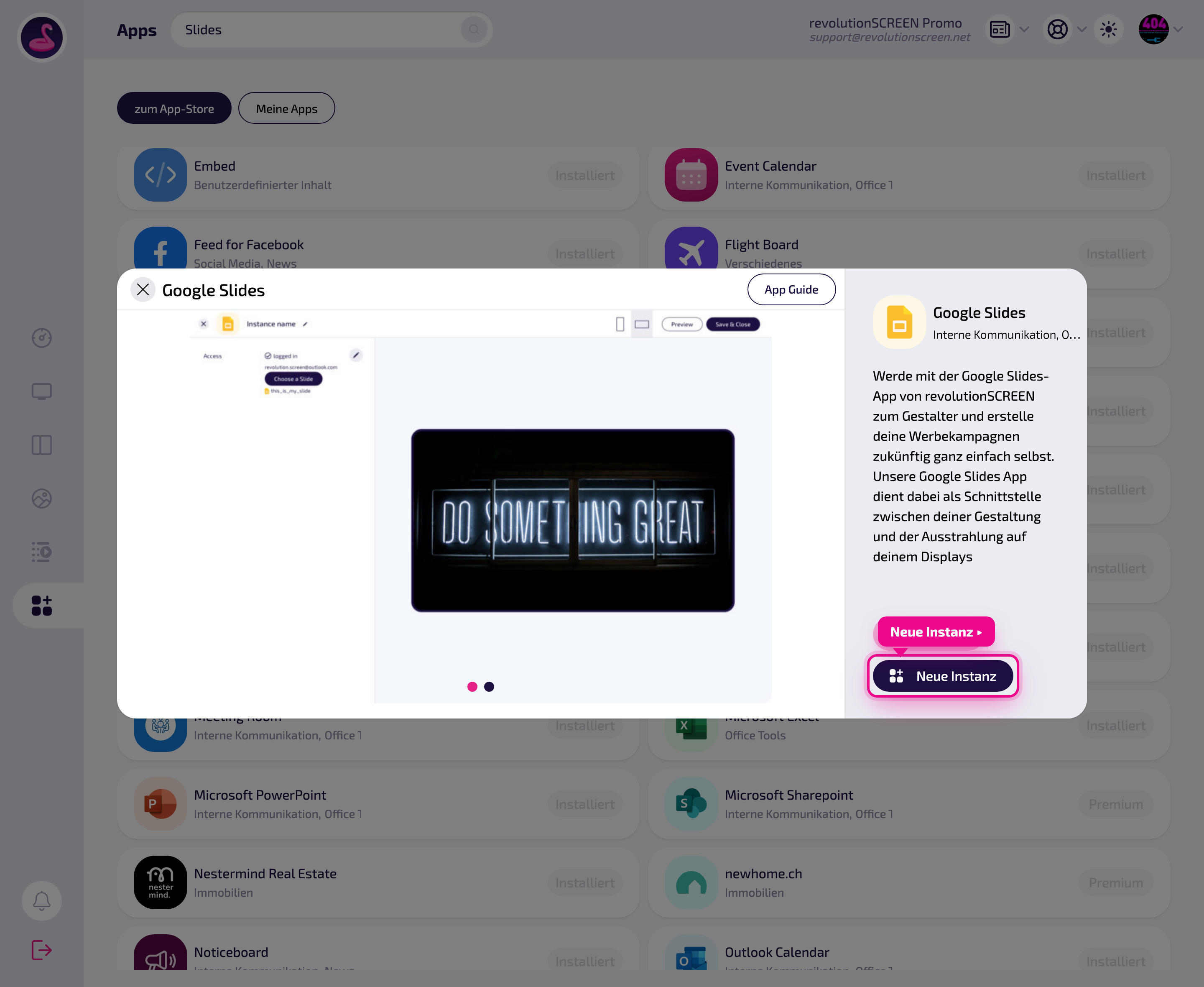 Detailseite der App – mit „Neue Instanz" eine Ausspielung anlegen.