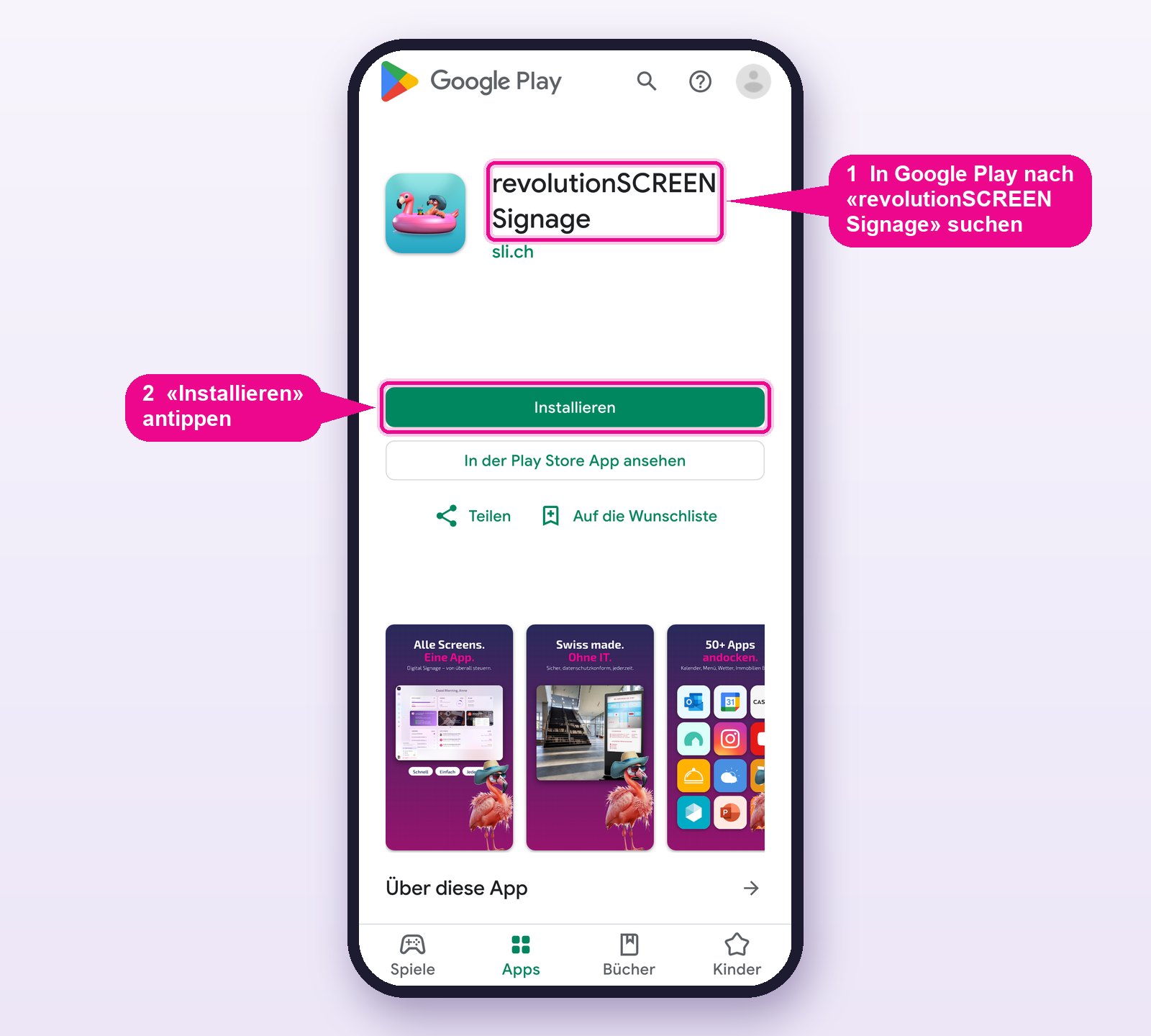 Die App «revolutionSCREEN Signage» bei Google Play.