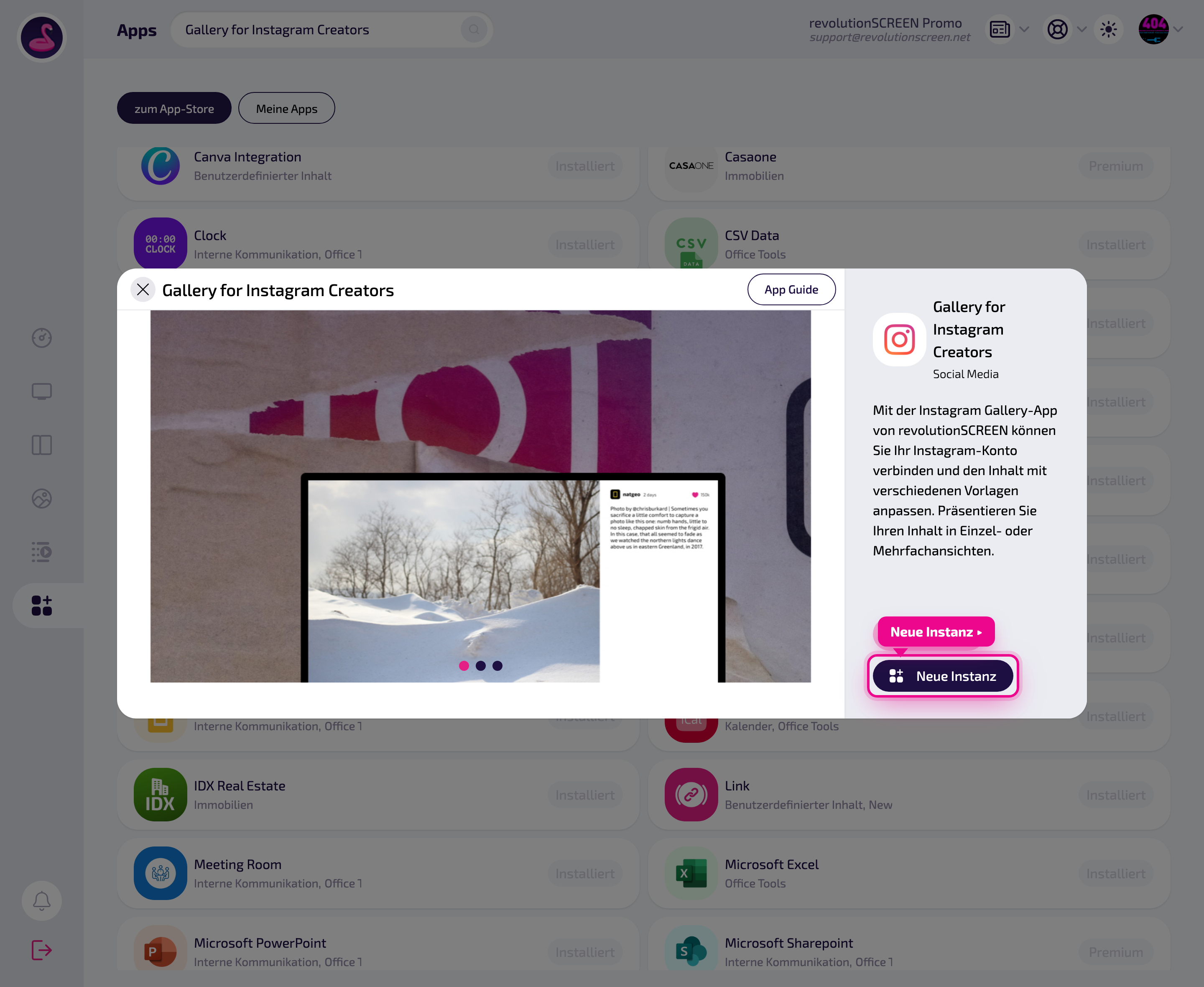 App detail page – create a playout with "Neue Instanz" (New instance).
