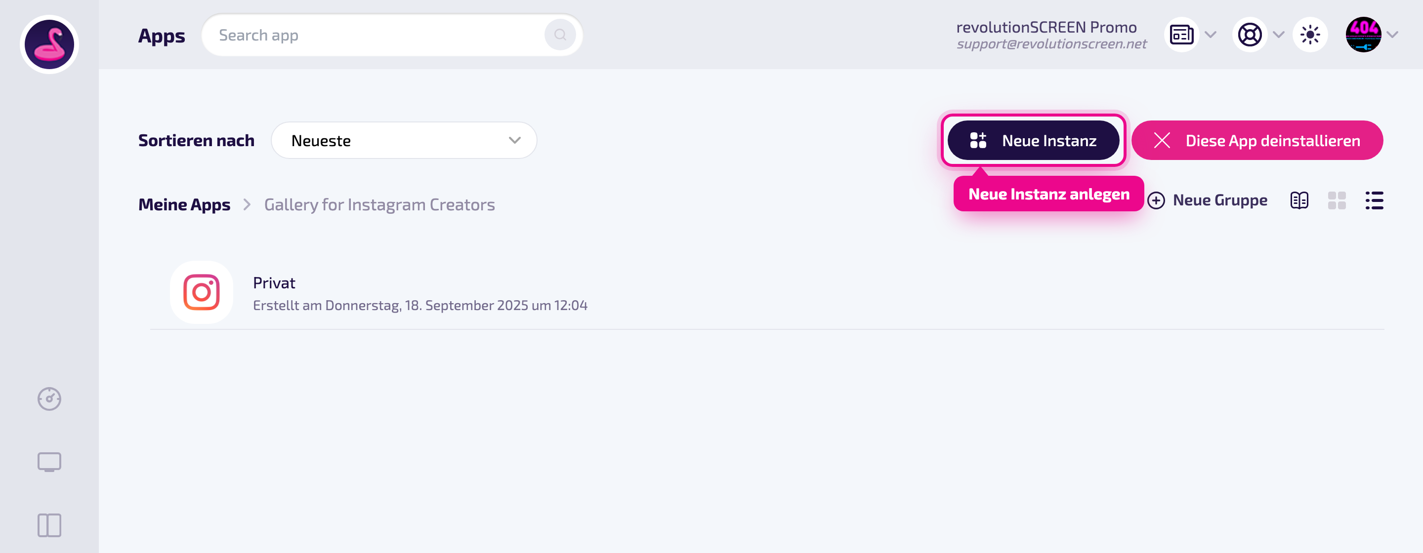 Instance management: create "Neue Instanz" (New instance) at the top right.