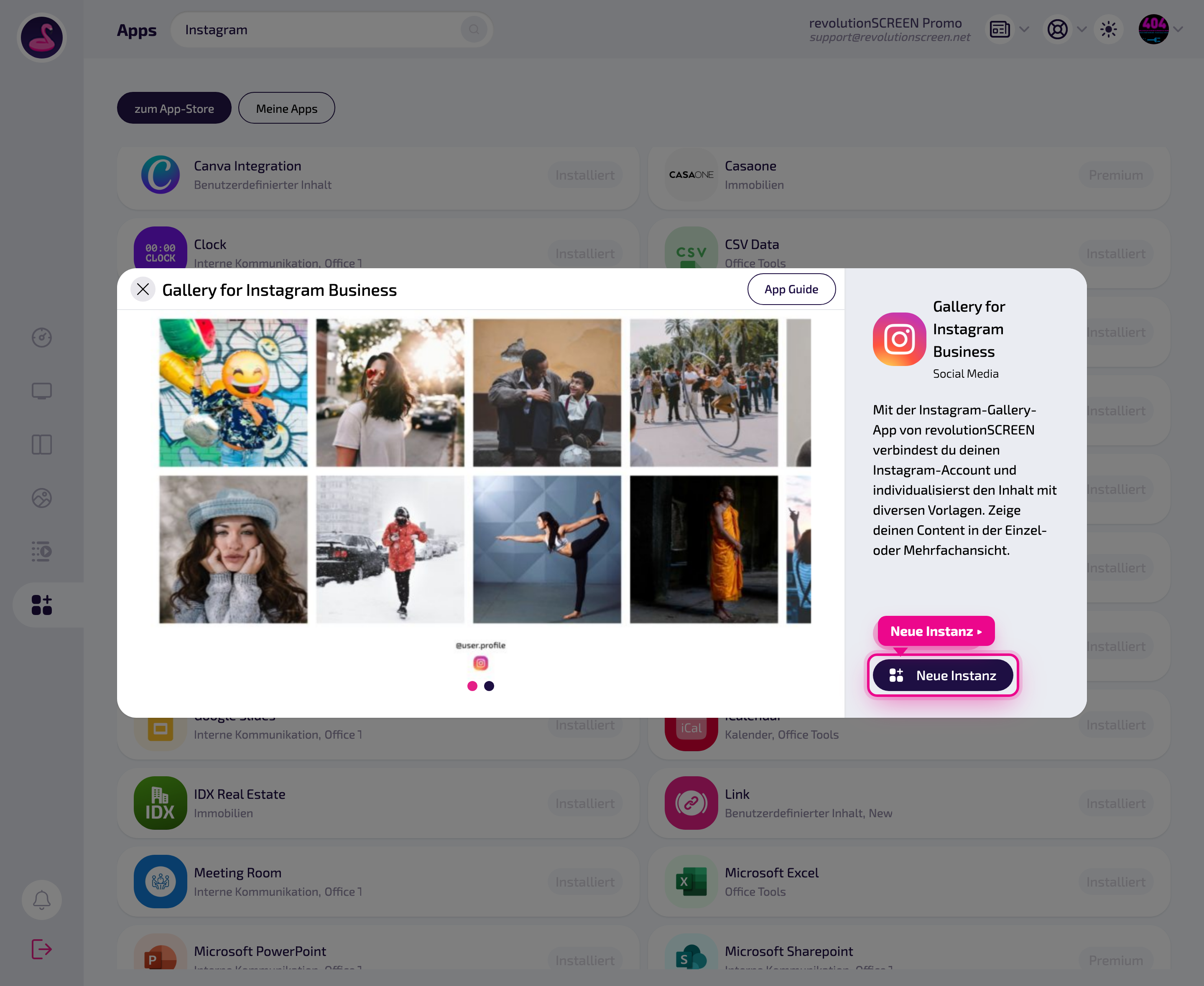 Detailseite der App – mit „Neue Instanz" eine Ausspielung anlegen.