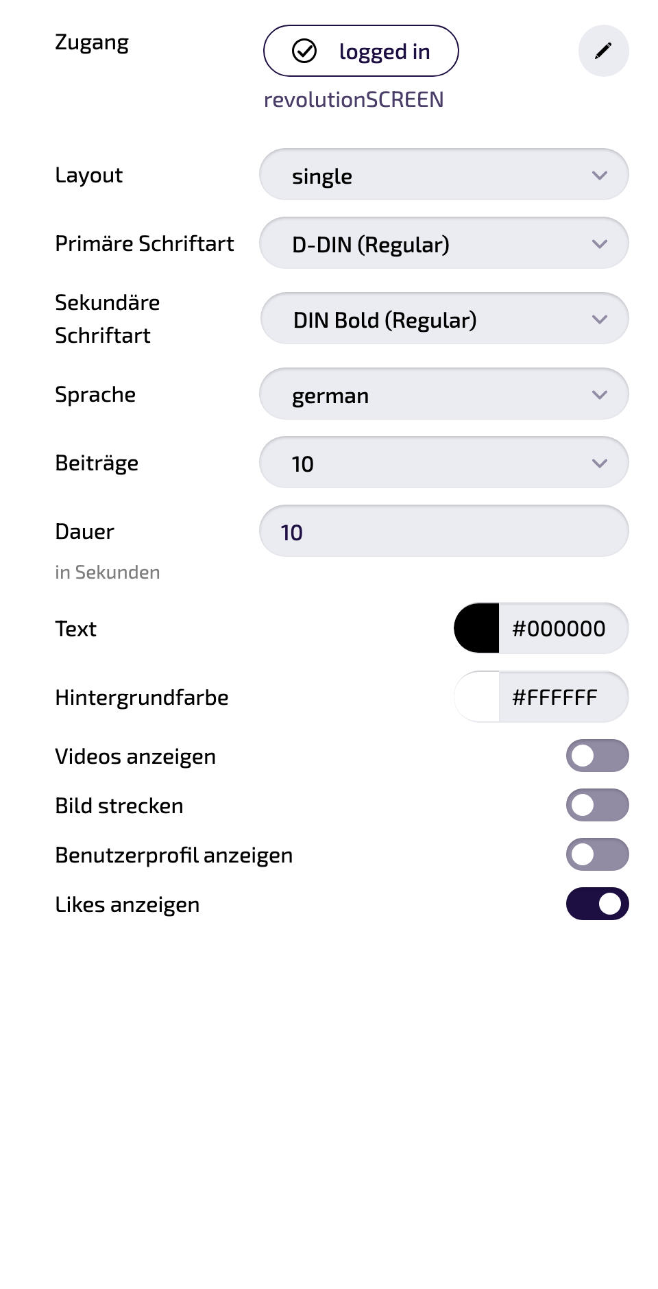 Alle Einstellungen der Instanz im Überblick (Einstellungs-Panel).