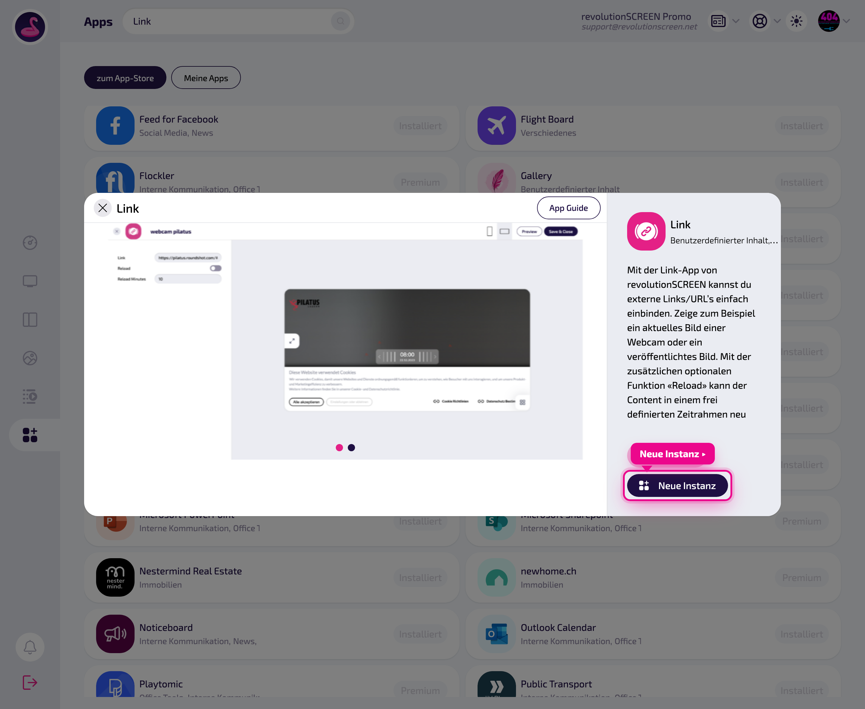 Detailseite der App – mit „Neue Instanz" eine Ausspielung anlegen.