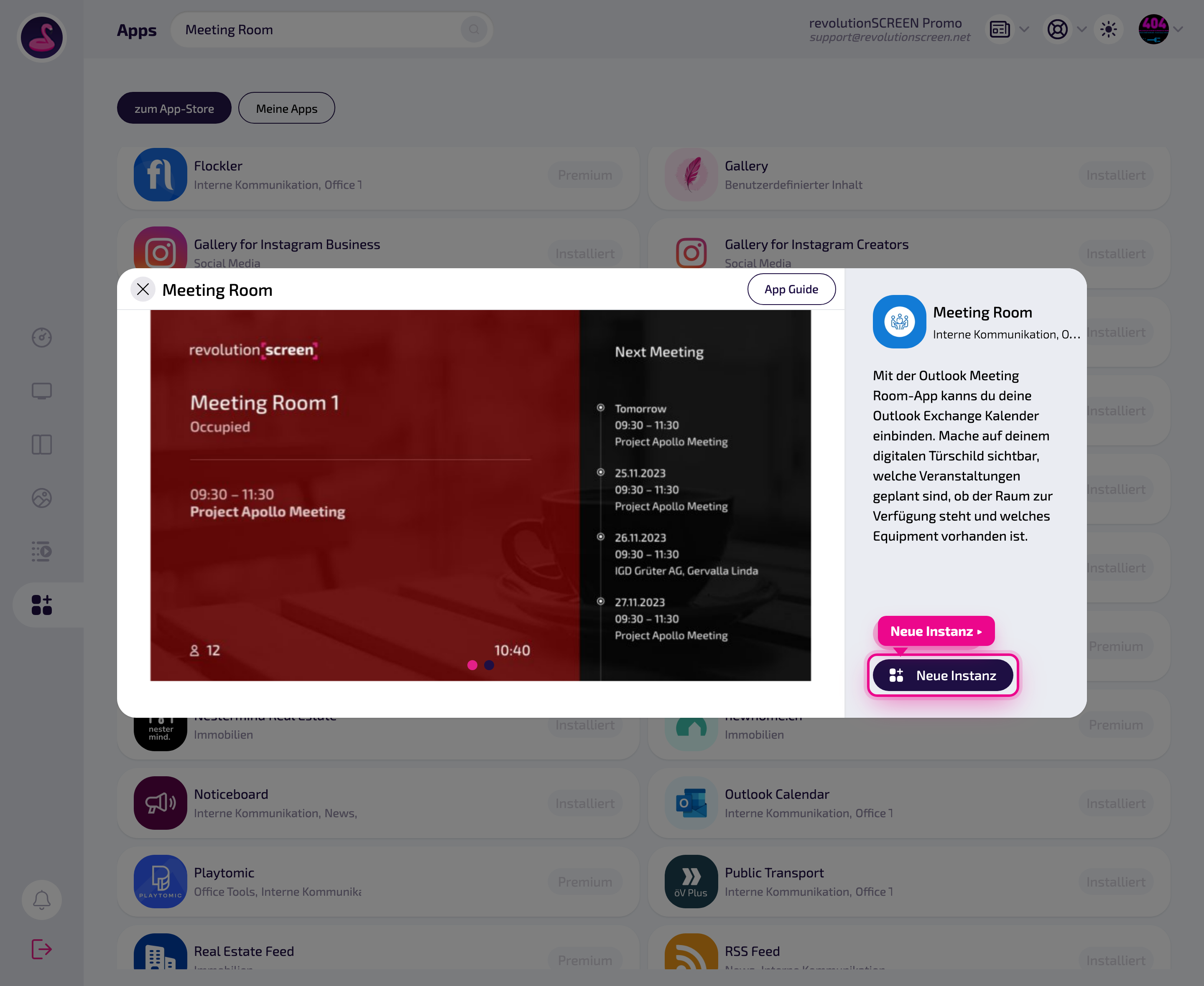 App detail page – create a playback with „Neue Instanz" (New instance).