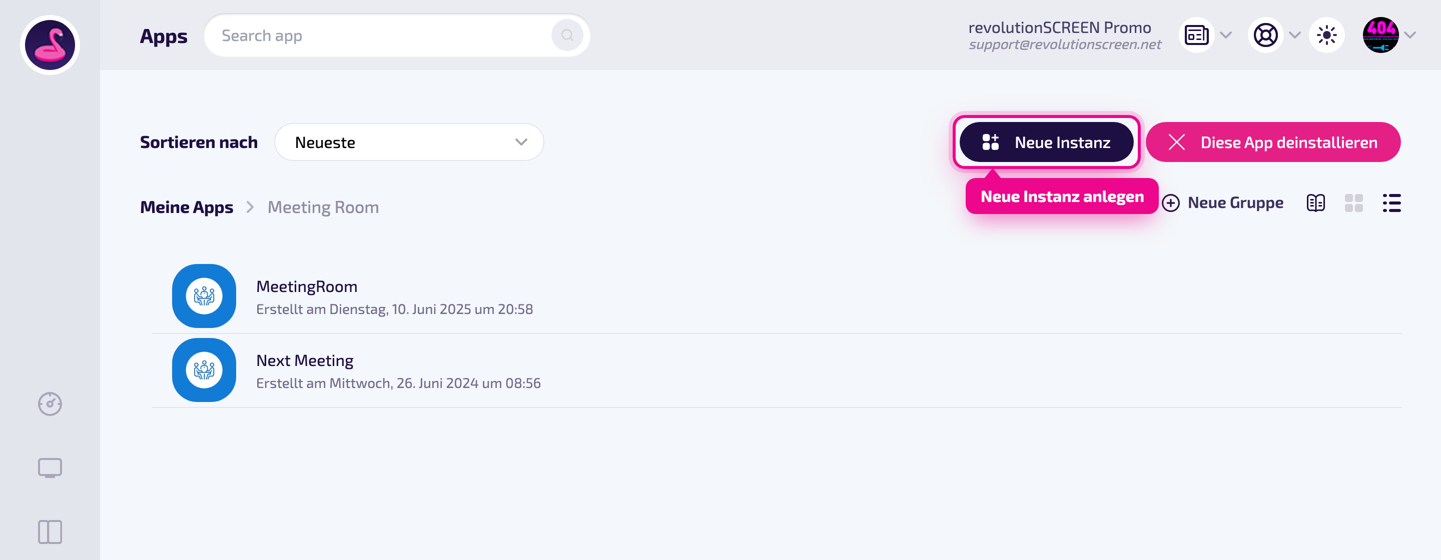 Instance management: create „Neue Instanz" (New instance) at the top right.