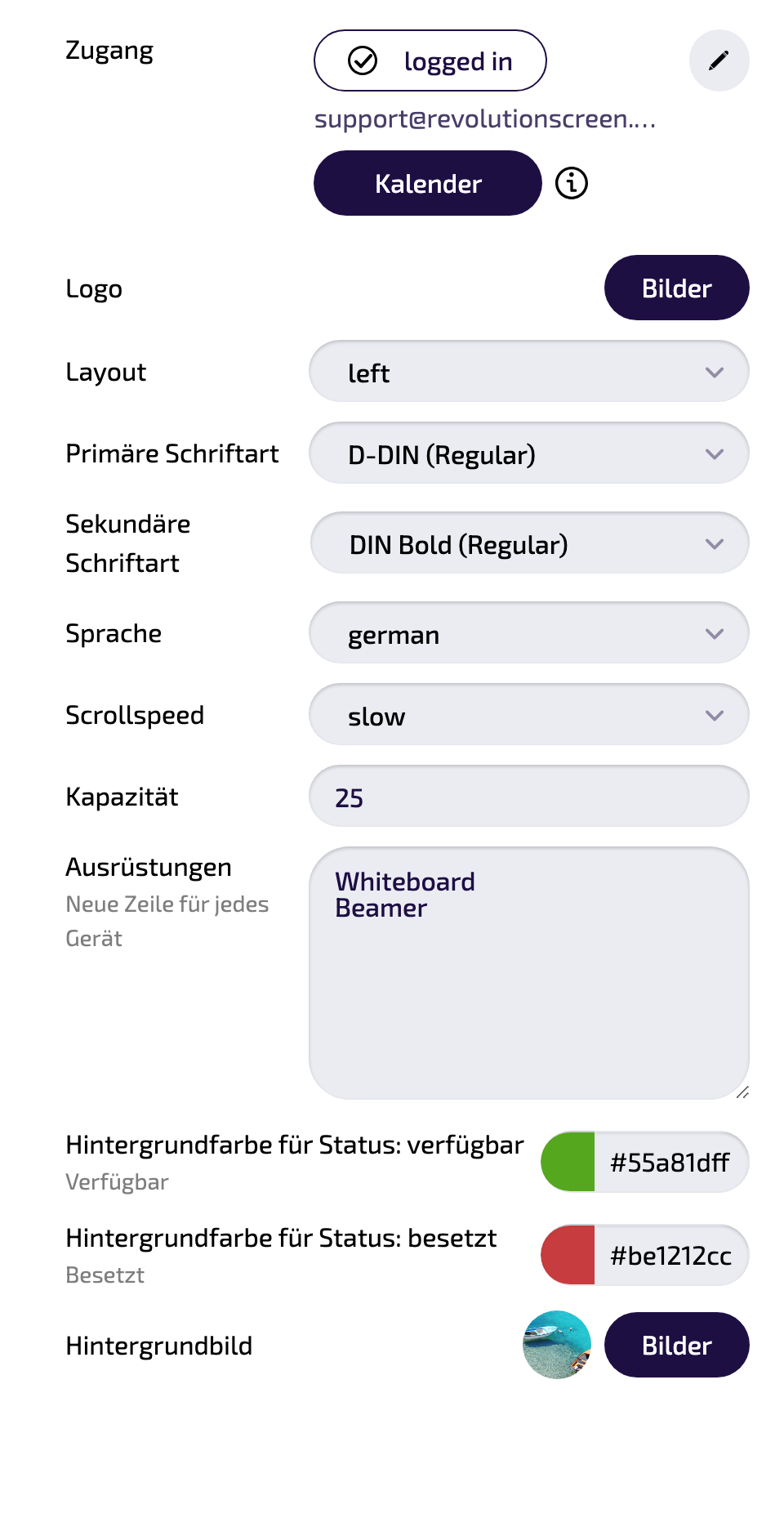 Overview of all instance settings (settings panel).