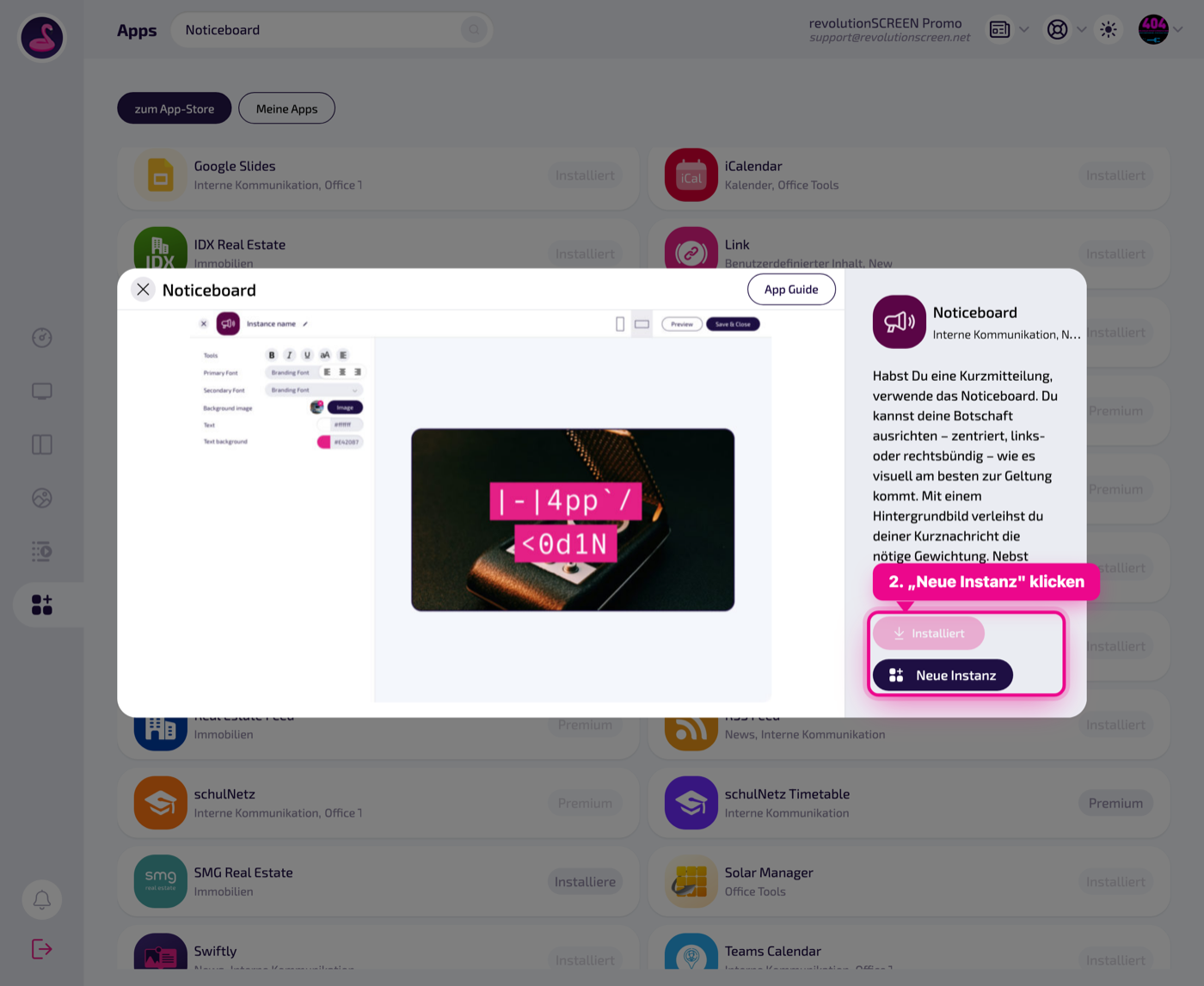 App detail page – create "Neue Instanz" (New instance) (click "Installieren" (Install) first if needed).