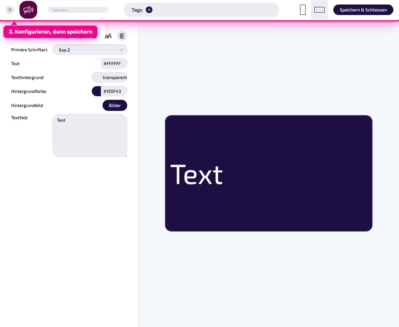 Instance editor: configuration on the left, live preview on the right.