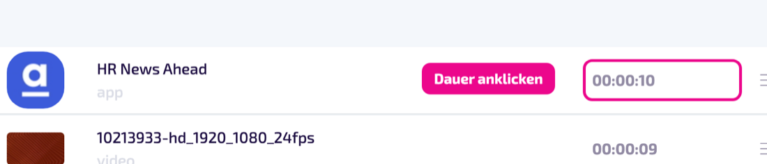 In der Playlist auf die Dauer des App-Elements klicken.