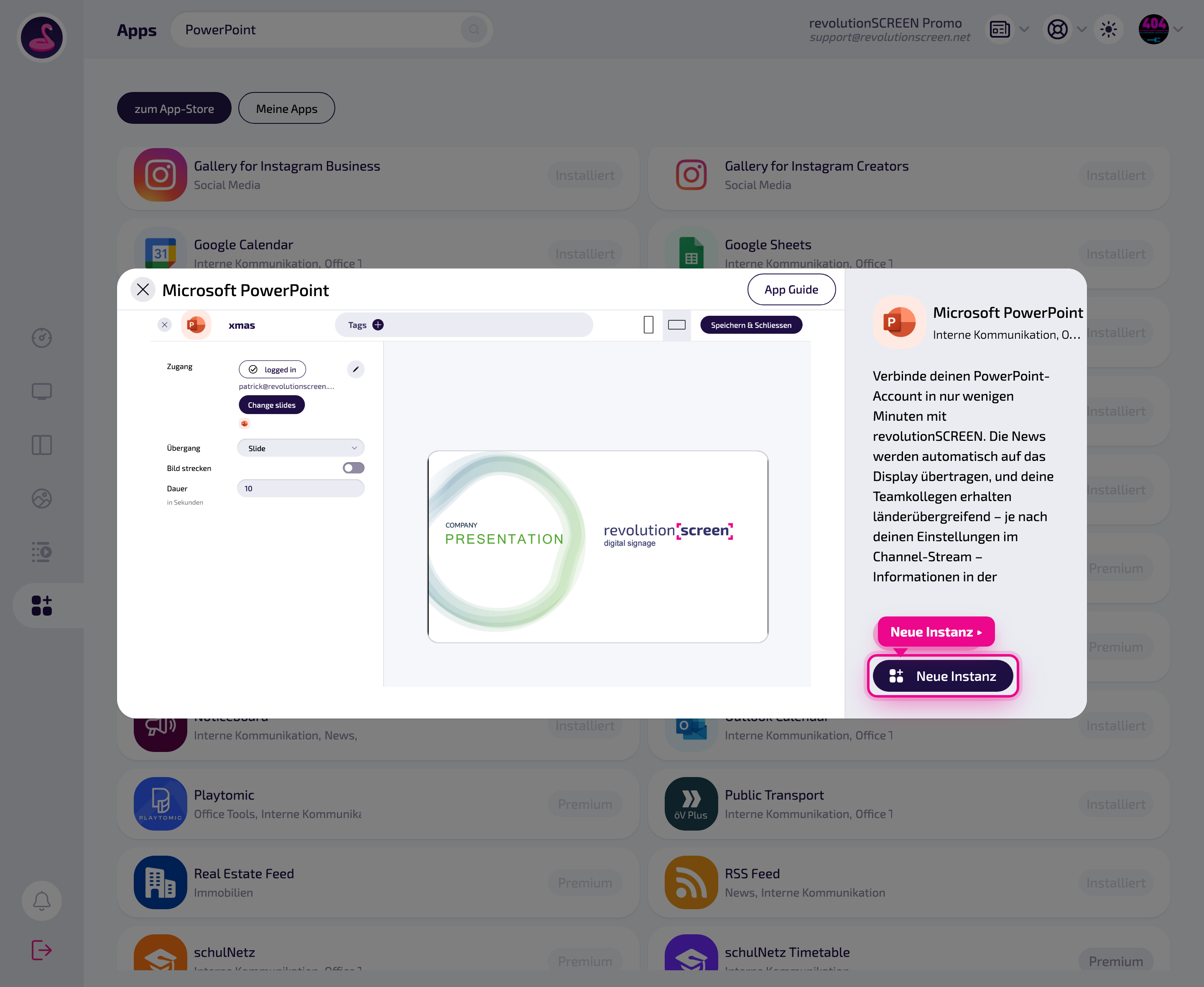 Detailseite der App – mit „Neue Instanz" eine Ausspielung anlegen.