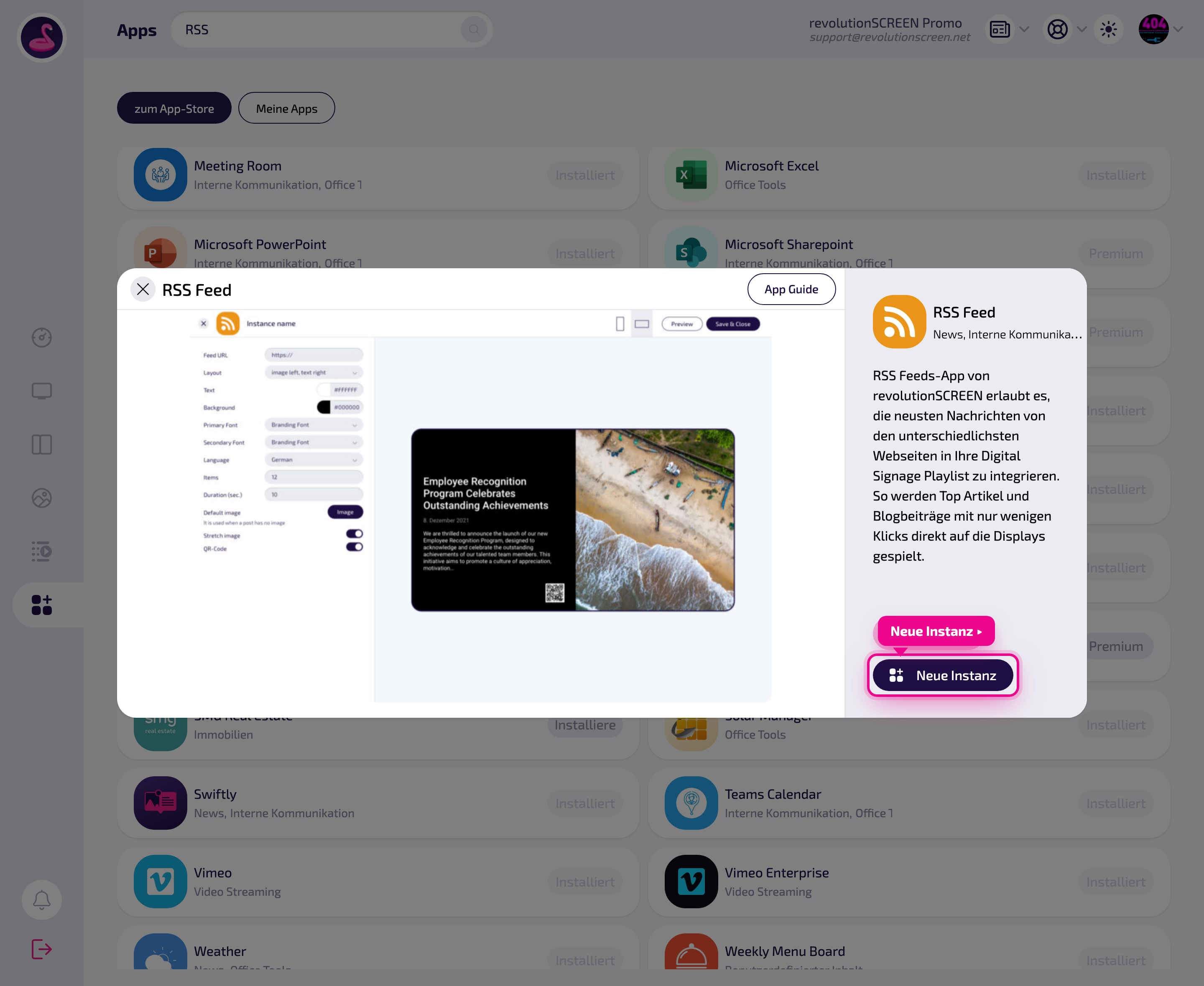 Detailseite der App – mit „Neue Instanz" eine Ausspielung anlegen.