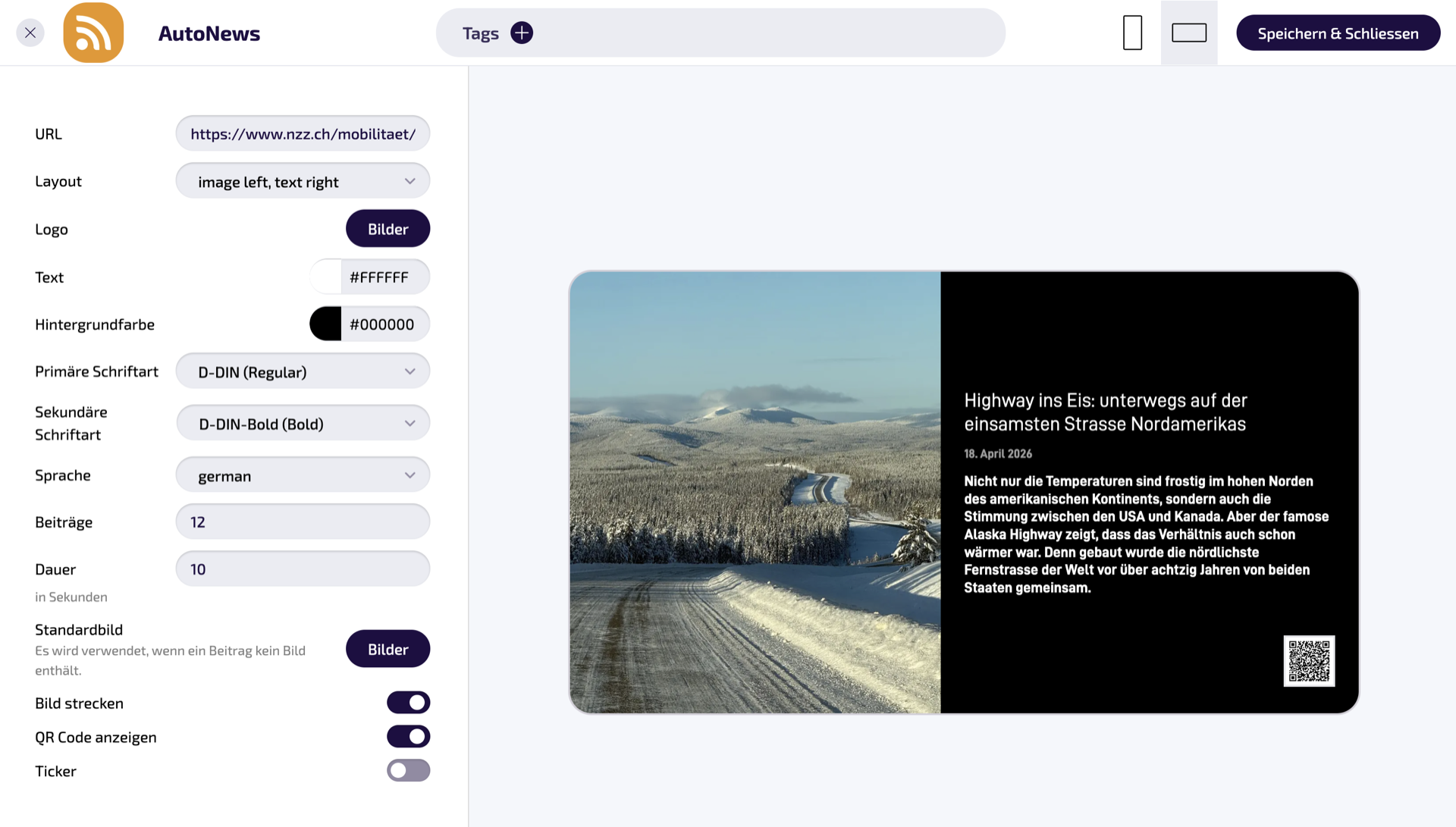 Vollbild-Layout „Bild links, Text rechts“ auf dunklem Hintergrund.